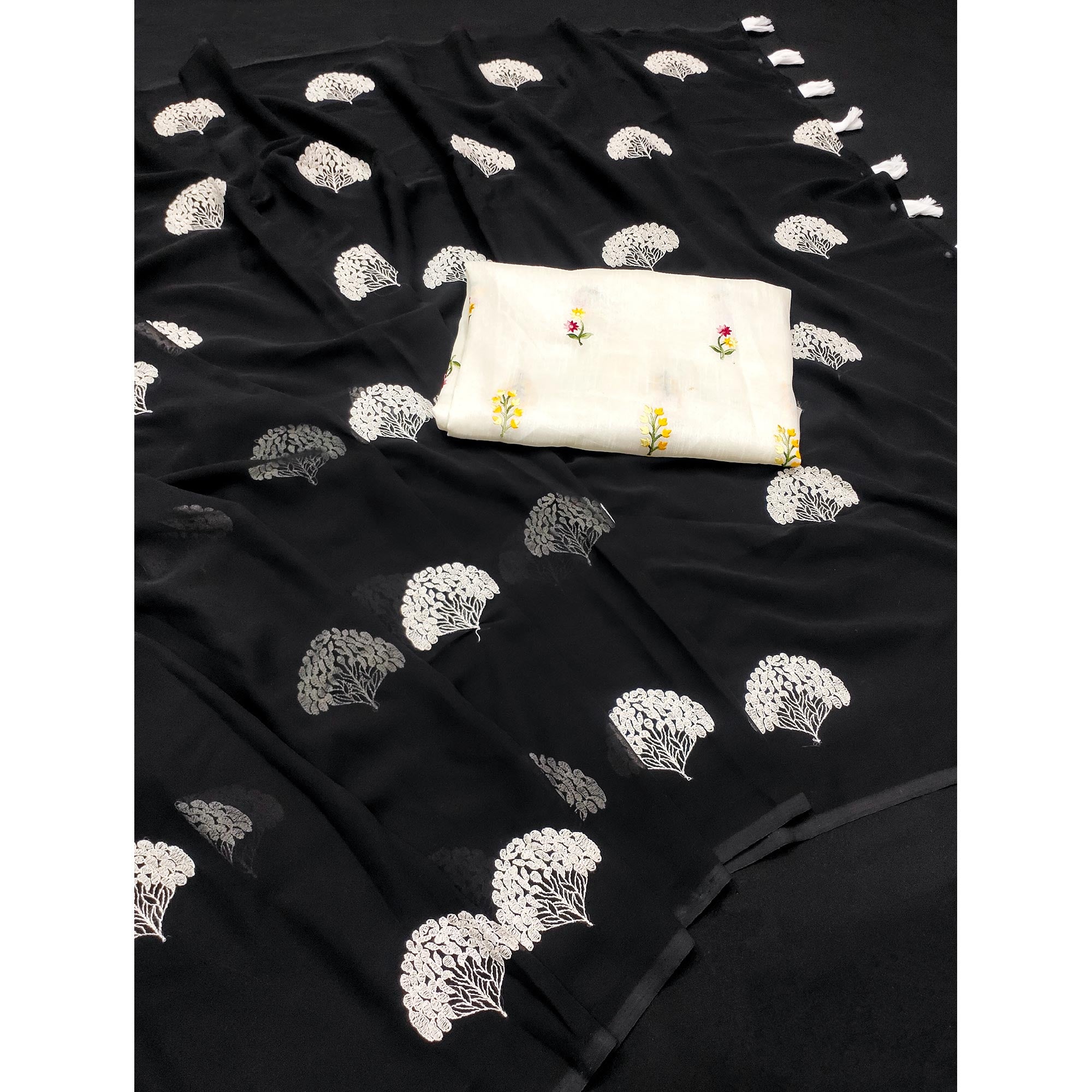 Black Thread Embroidered Georgette Saree With Tassels