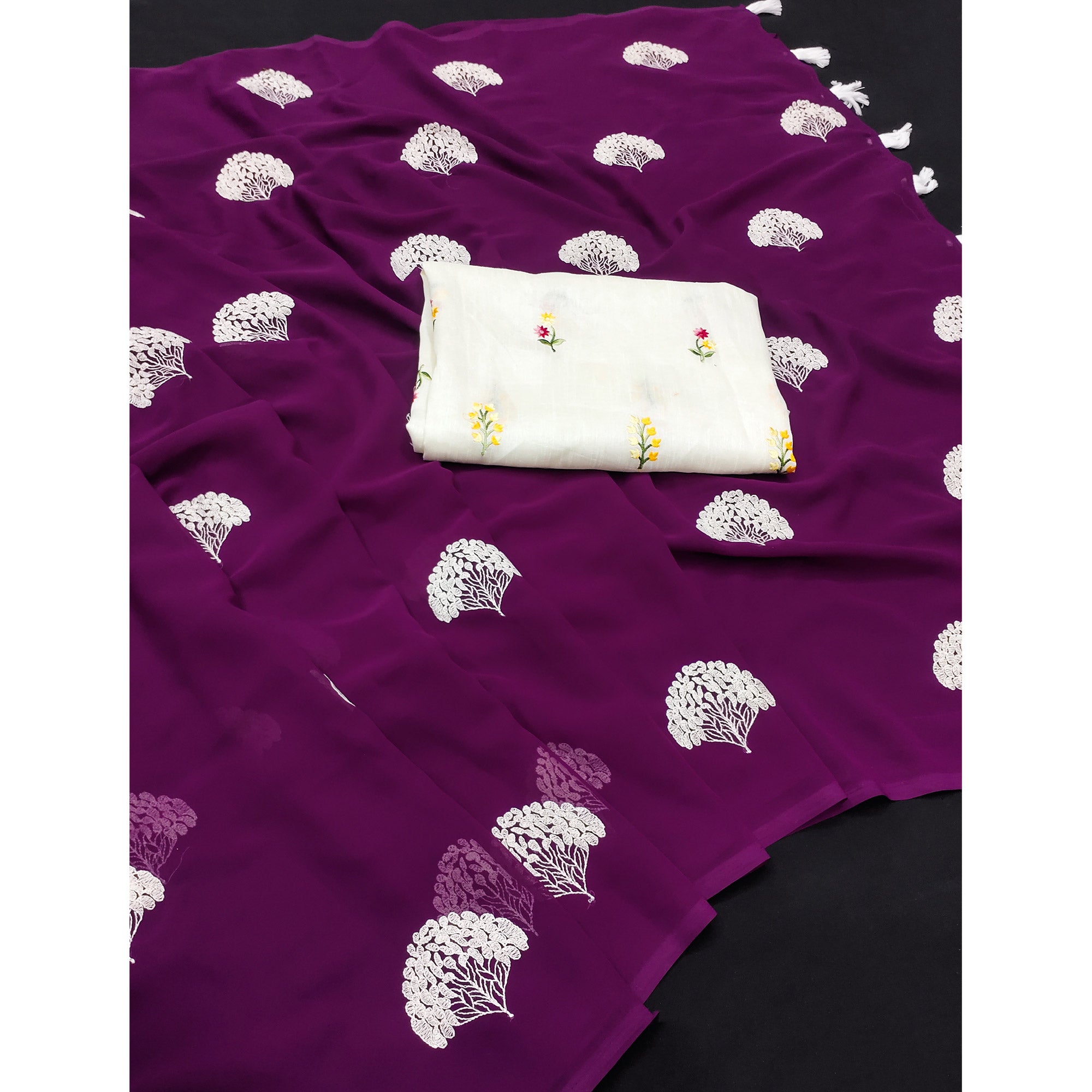 Dark Purple Thread Embroidered Georgette Saree With Tassels