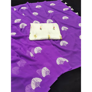 Purple Thread Embroidered Georgette Saree With Tassels