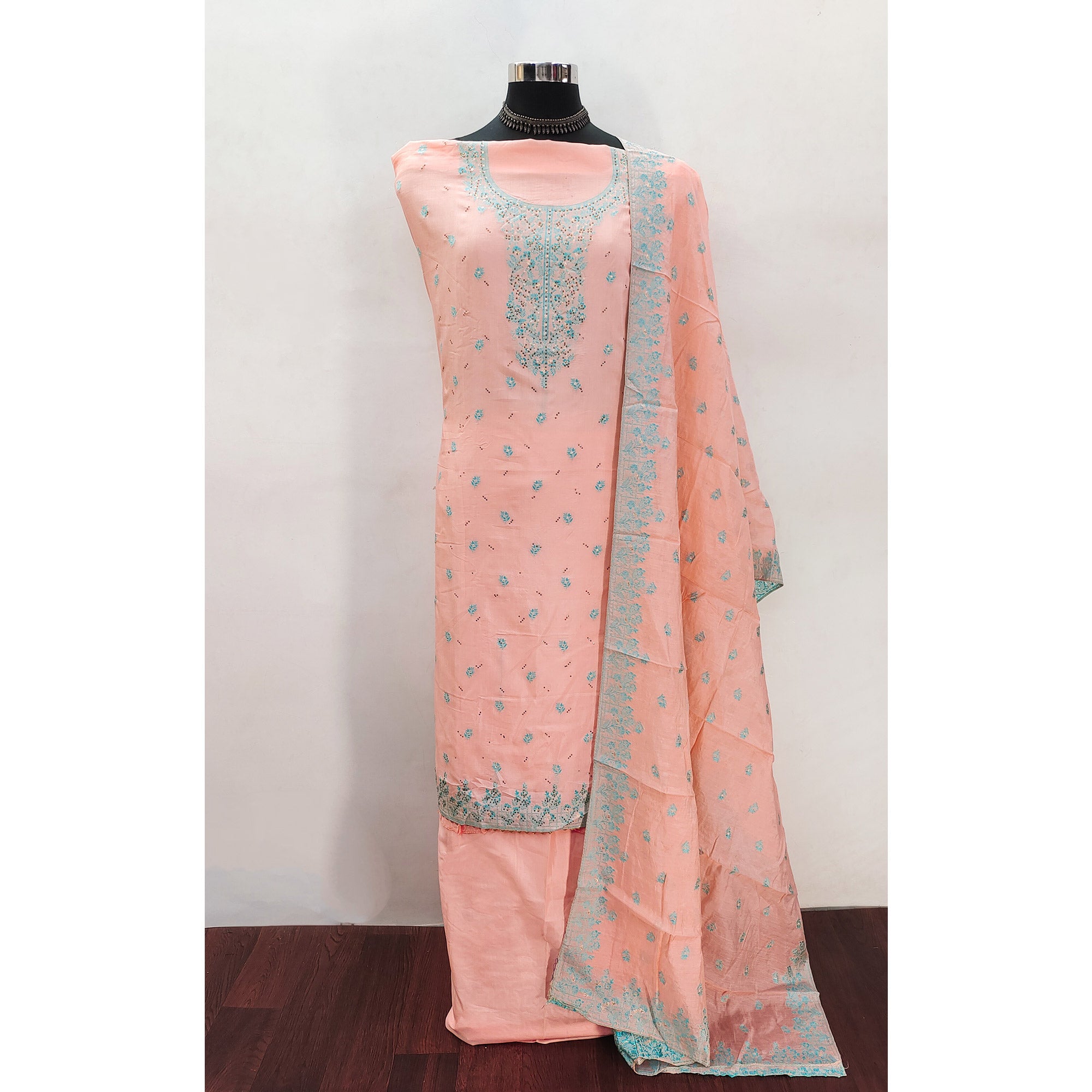 Peach Floral Banarasi Silk Dress Material with Rich Zari Weaving