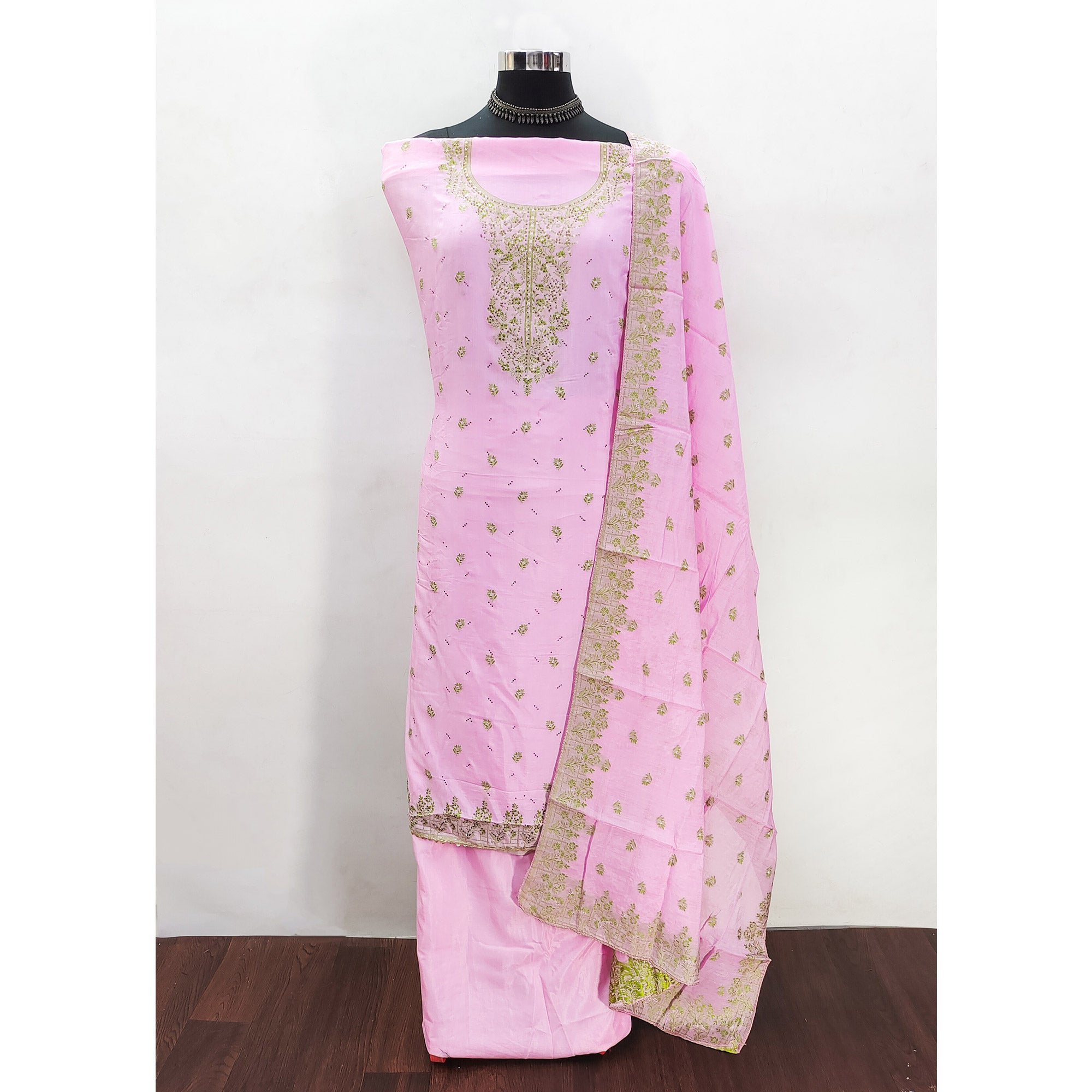 Pink Floral Banarasi Silk Dress Material with Rich Zari Weaving