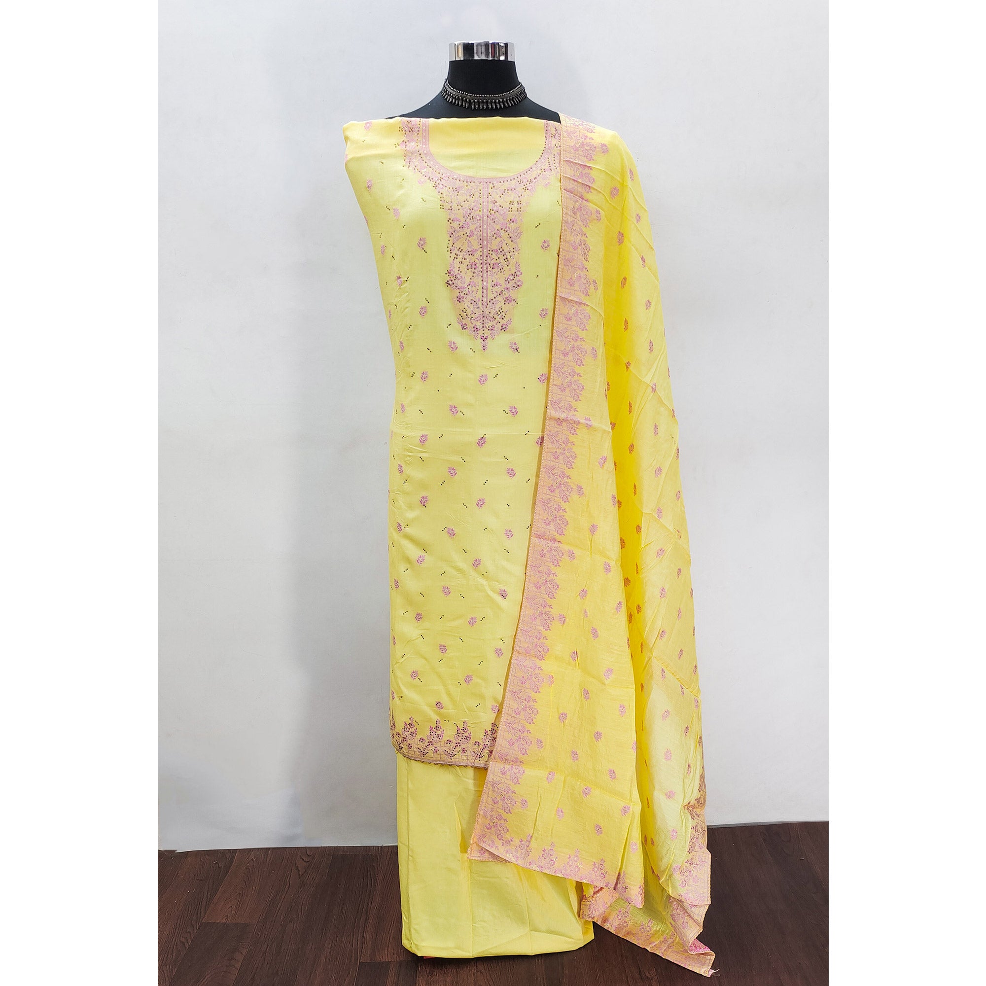 Yellow Floral Banarasi Silk Dress Material with Rich Zari Weaving
