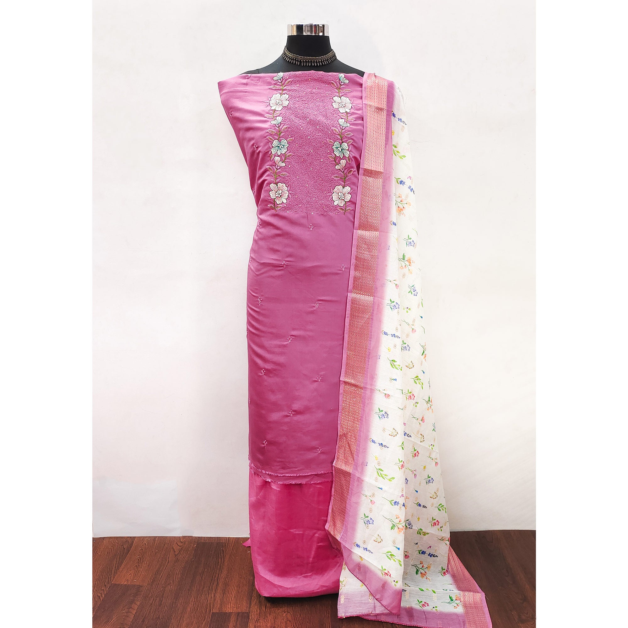 Pink Viscose Dress Material with Intricate Floral Embroidery