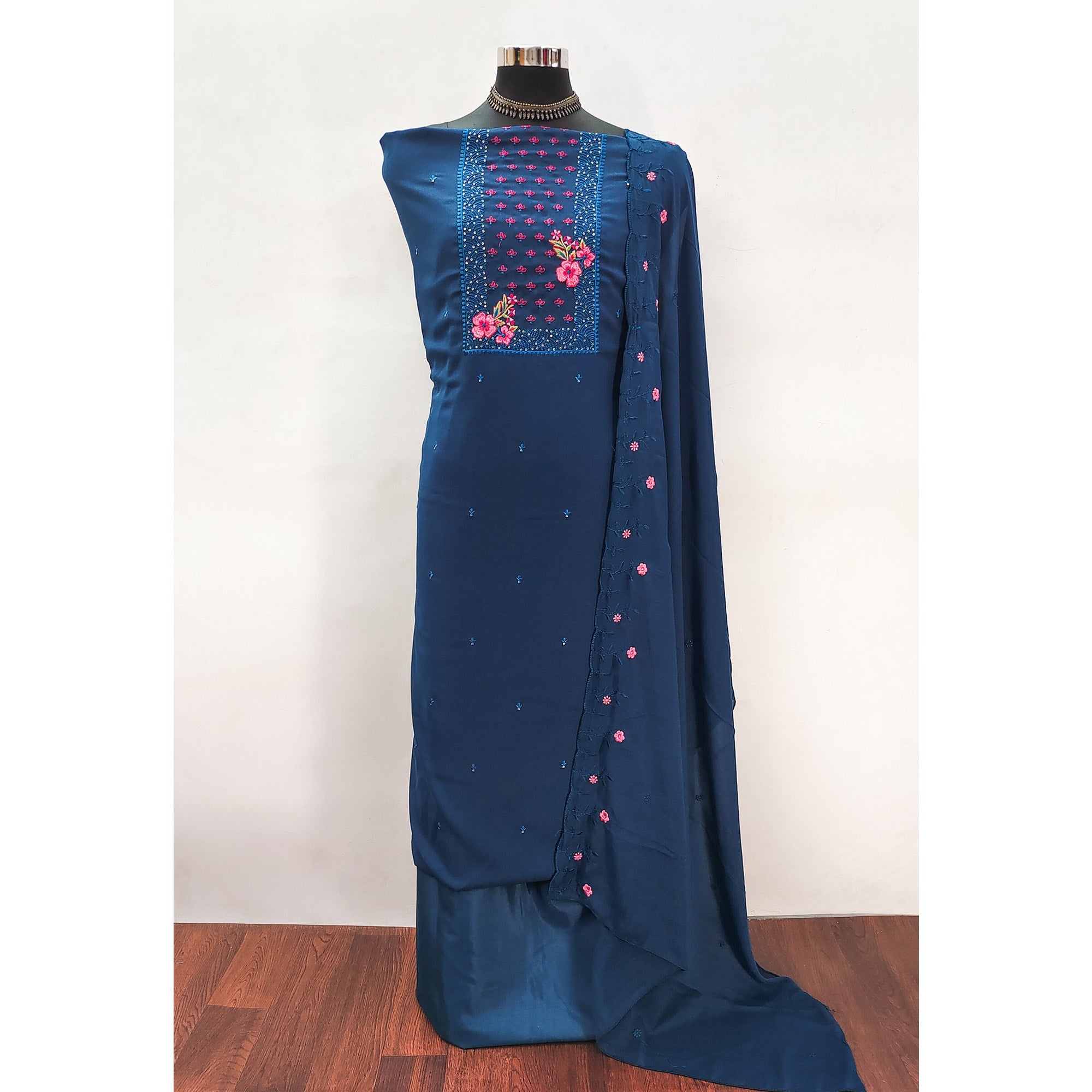 Designer Blue Georgette Fabric with Intricate Floral Embroidery