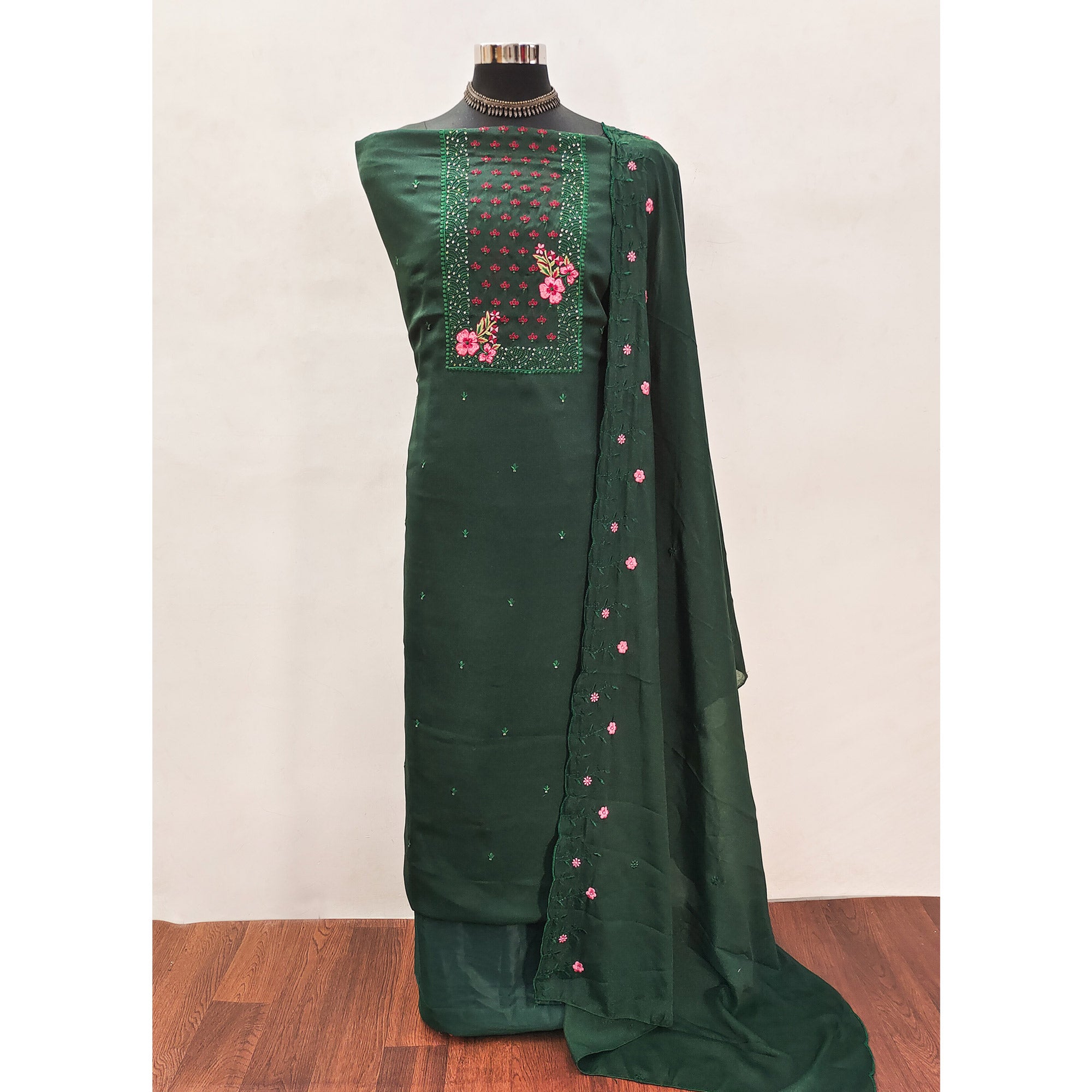 Designer Green Georgette Fabric with Intricate Floral Embroidery