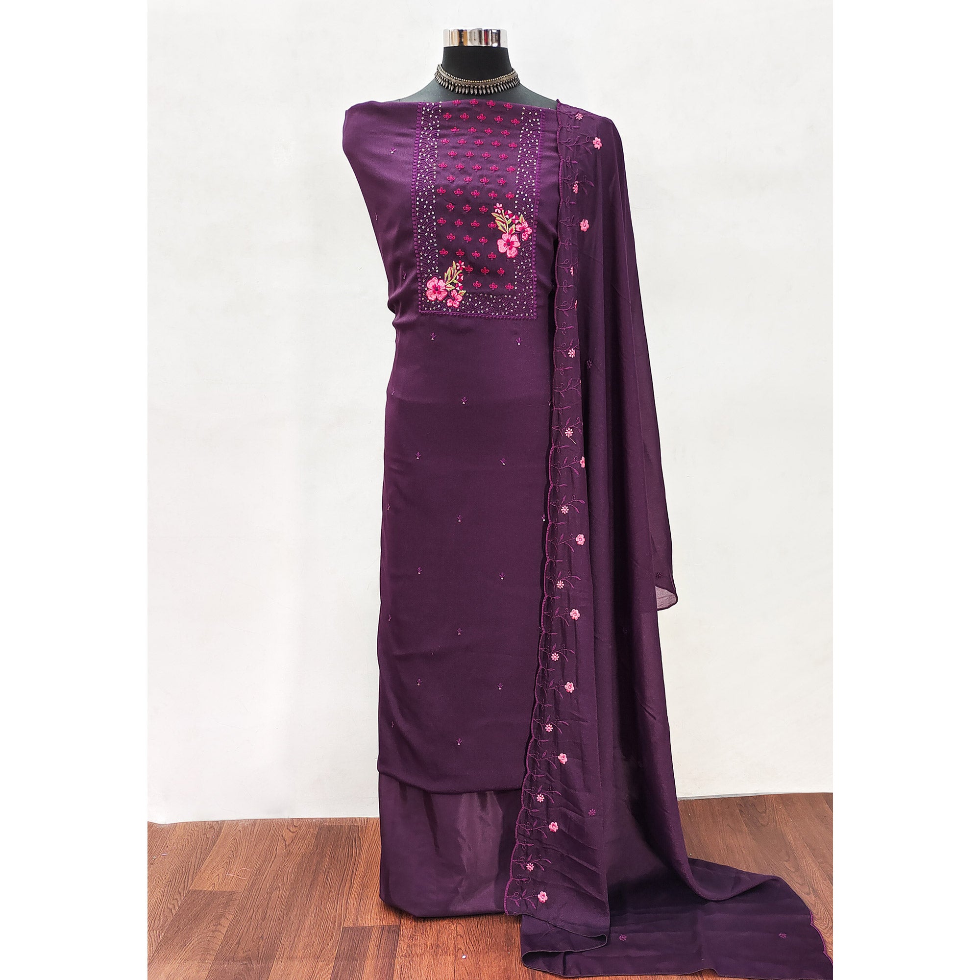 Designer Purple Georgette Fabric with Intricate Floral Embroidery