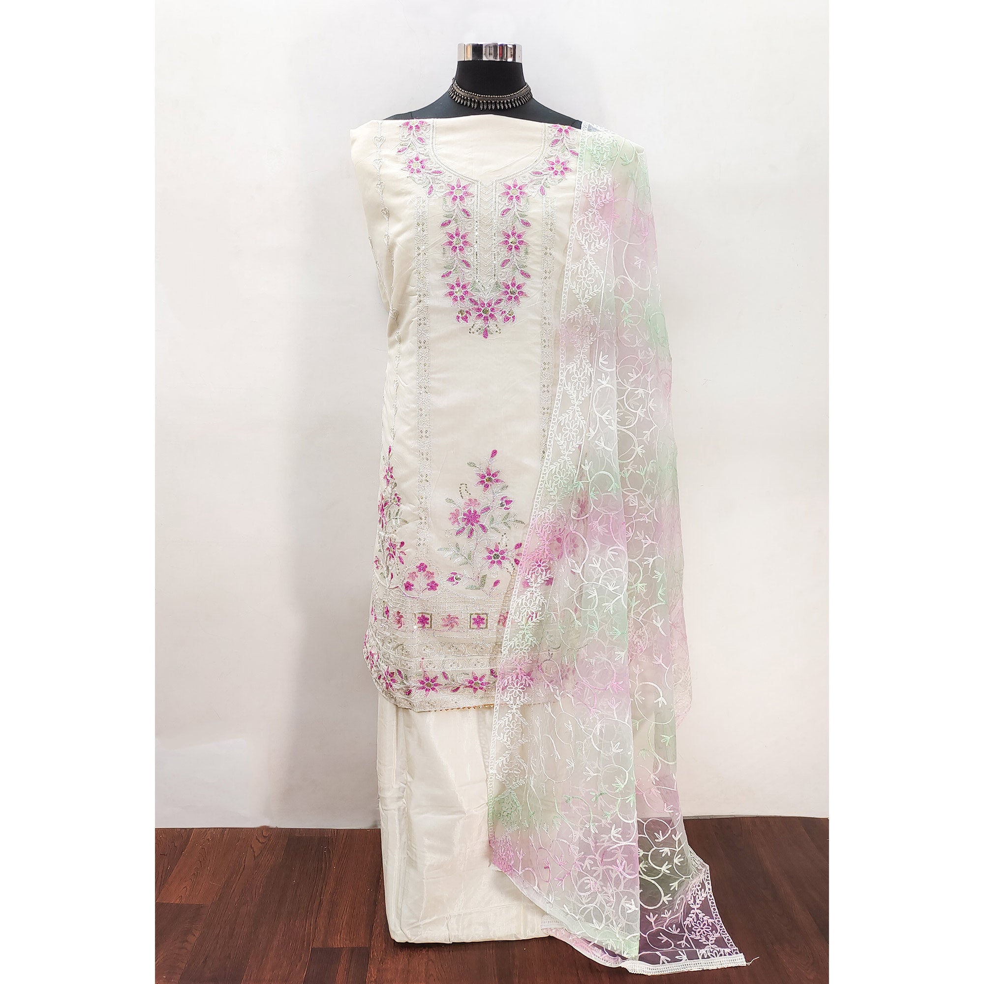 White Chanderi Unstitched Dress Material with Floral Embroidery