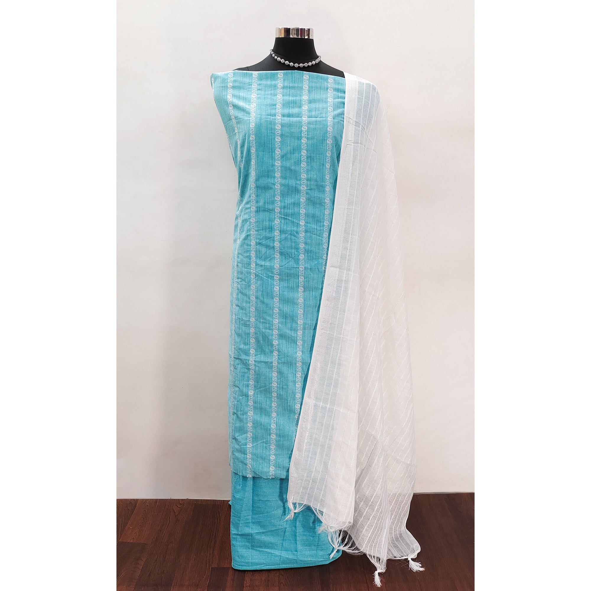 Intricate Weaving Work on Blue Pure Cotton Dress Material