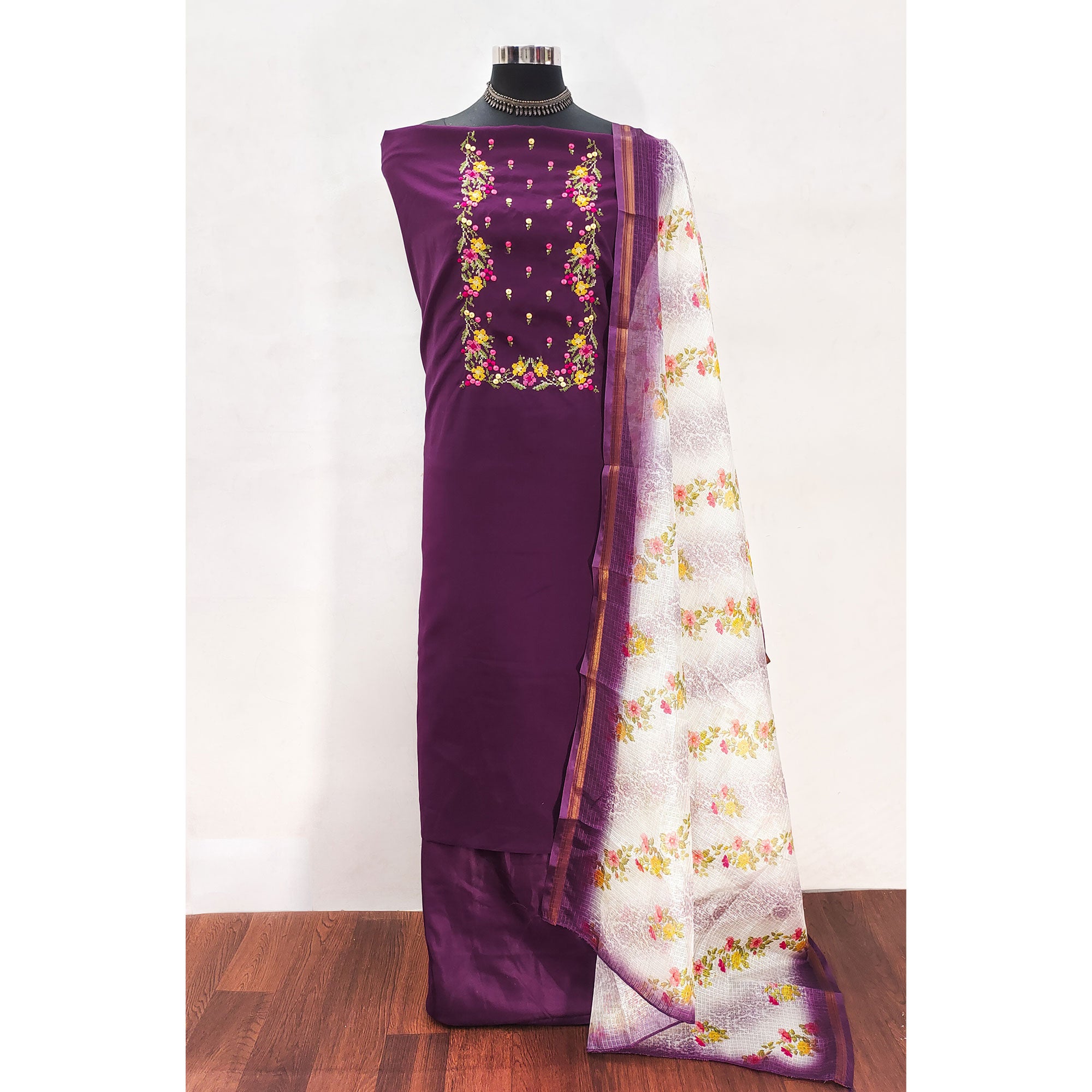 Dark Purple Viscose Dress Material With Floral Embroidered Neckline