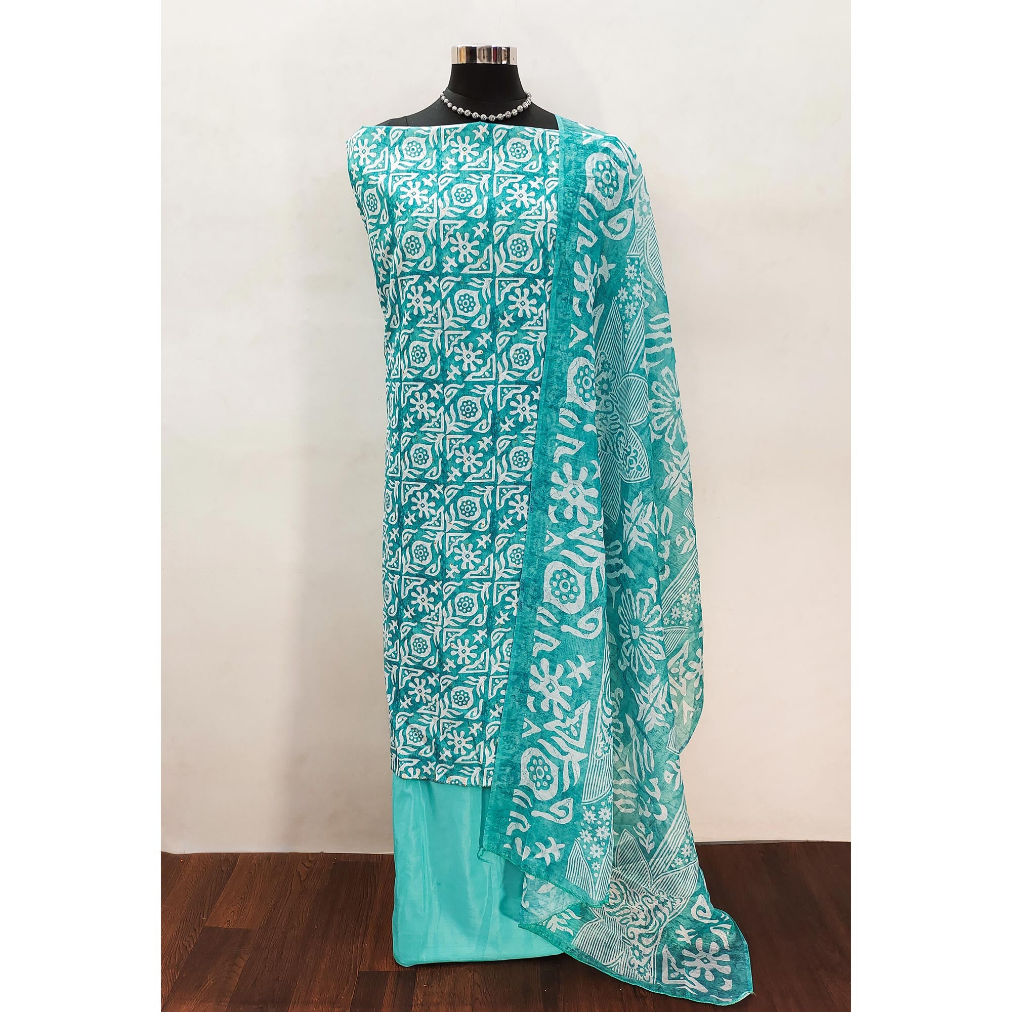 Turquoise Traditional Batik Print on Linen Dress Material