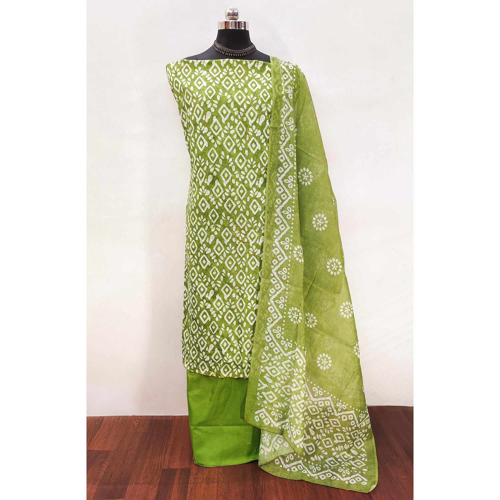 Green Chanderi Dress Material With Traditional Batik Prints