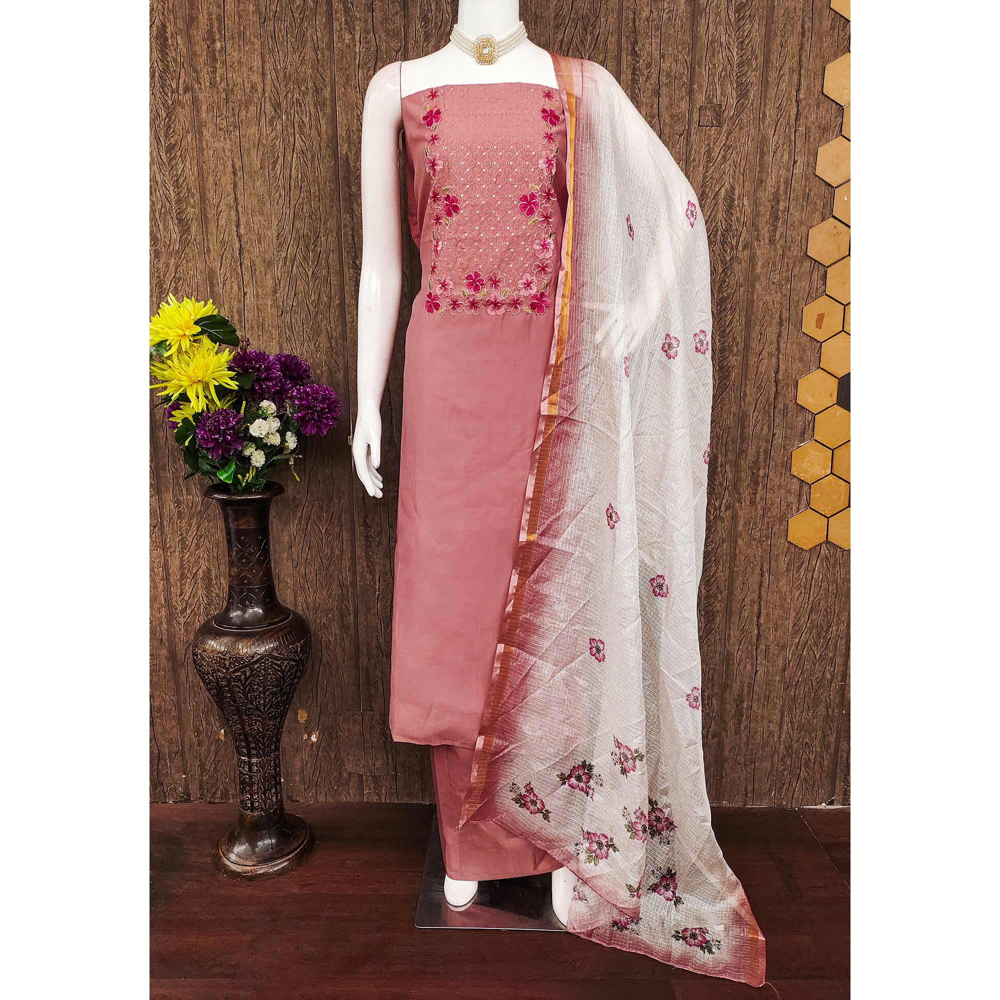 Dusty Rose Pink Delicate Floral Embroidery On Luxe Viscose Dress Material
