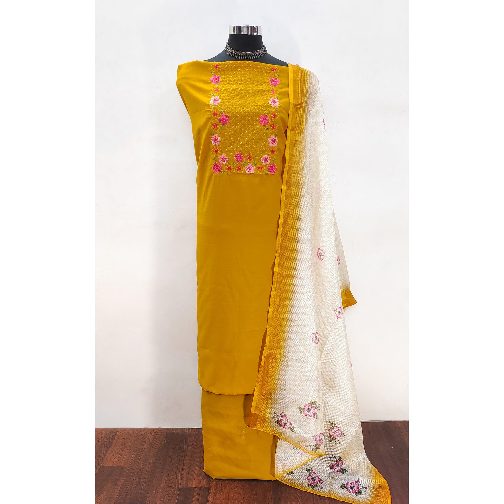 Mustard Delicate Floral Embroidery On Luxe Viscose Dress Material