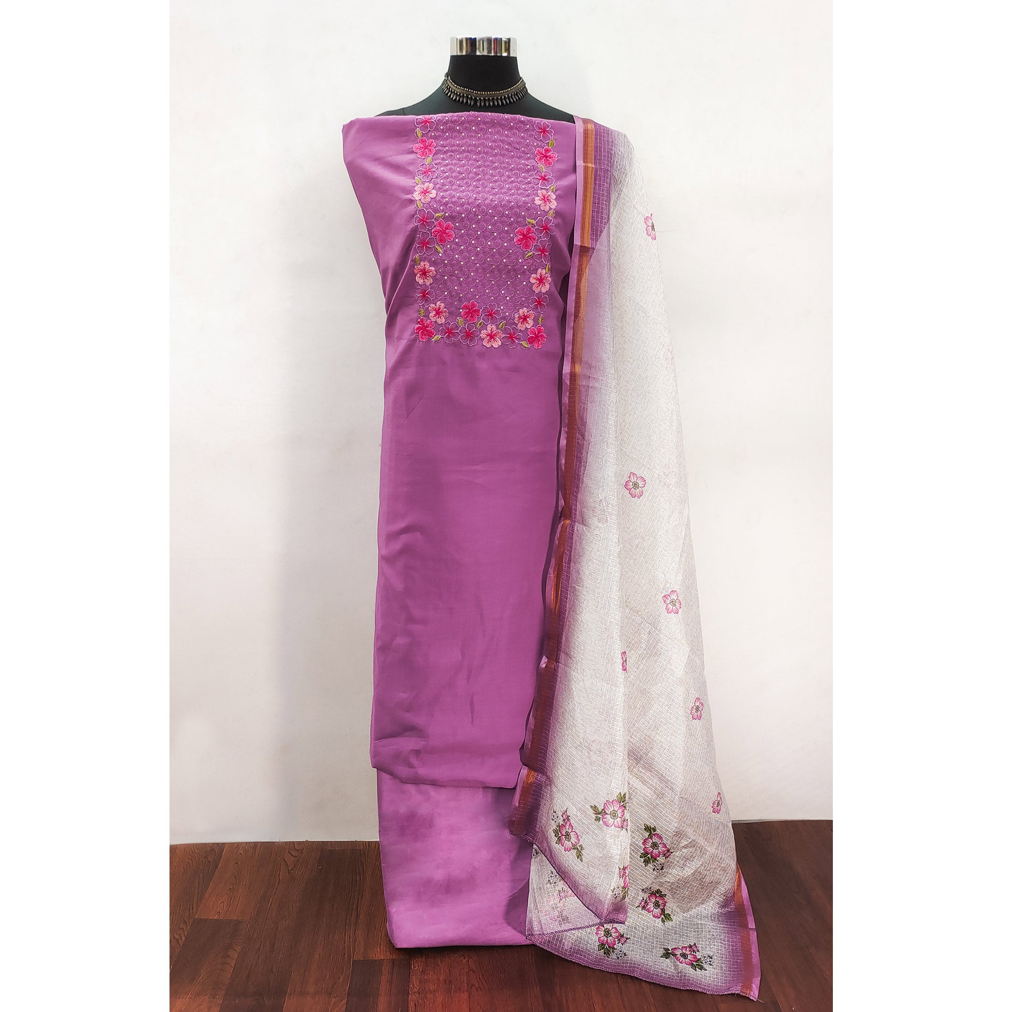 Purple Delicate Floral Embroidery On Luxe Viscose Dress Material