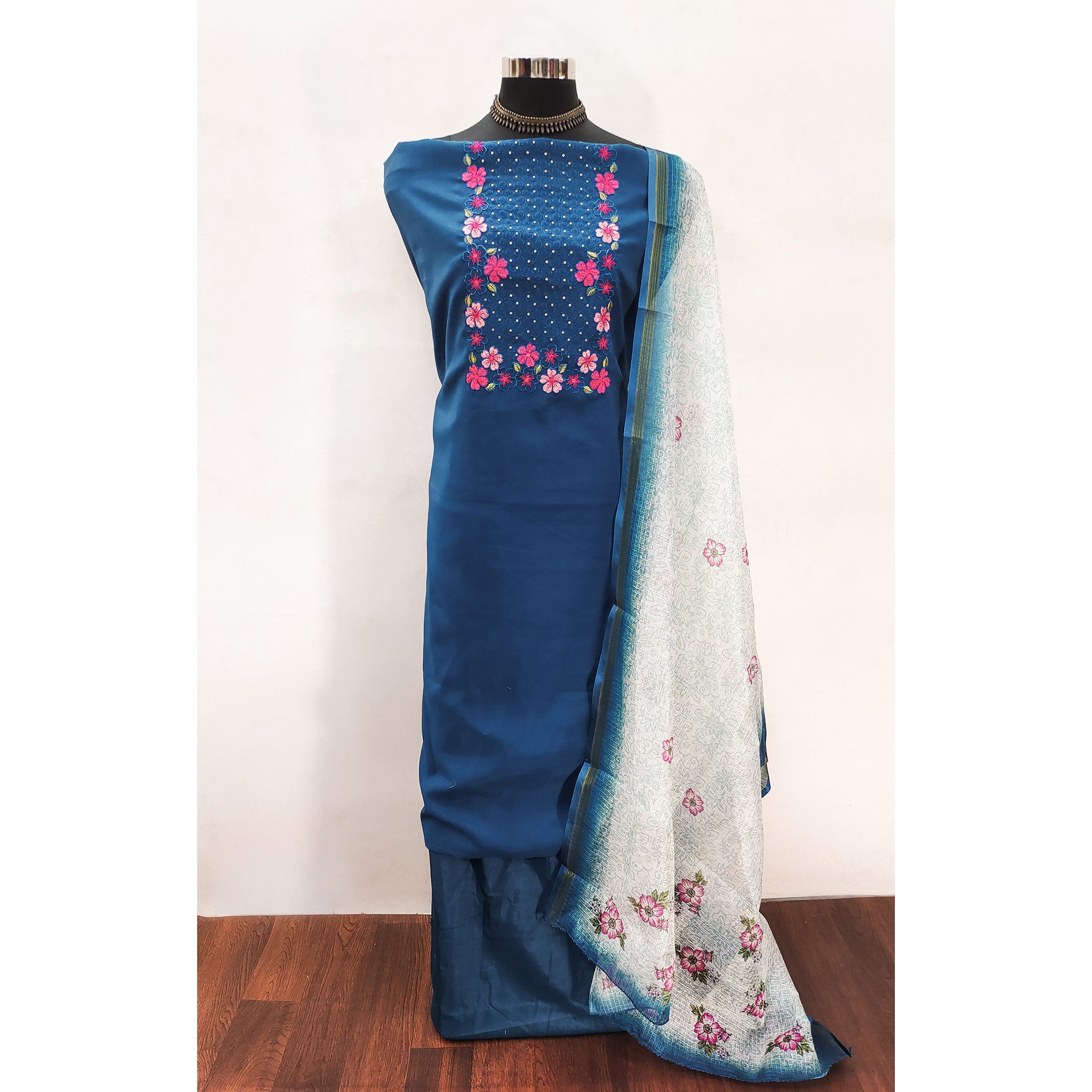 Teal Delicate Floral Embroidery On Luxe Viscose Dress Material
