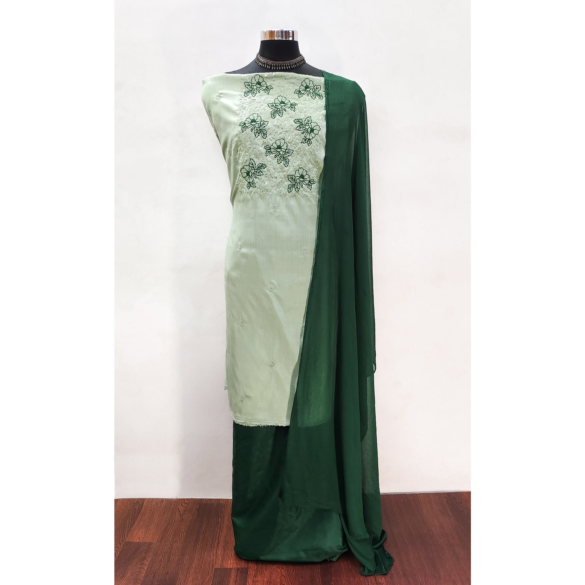 Light Green Silk Blend Dress Material with Sequin Embroidery