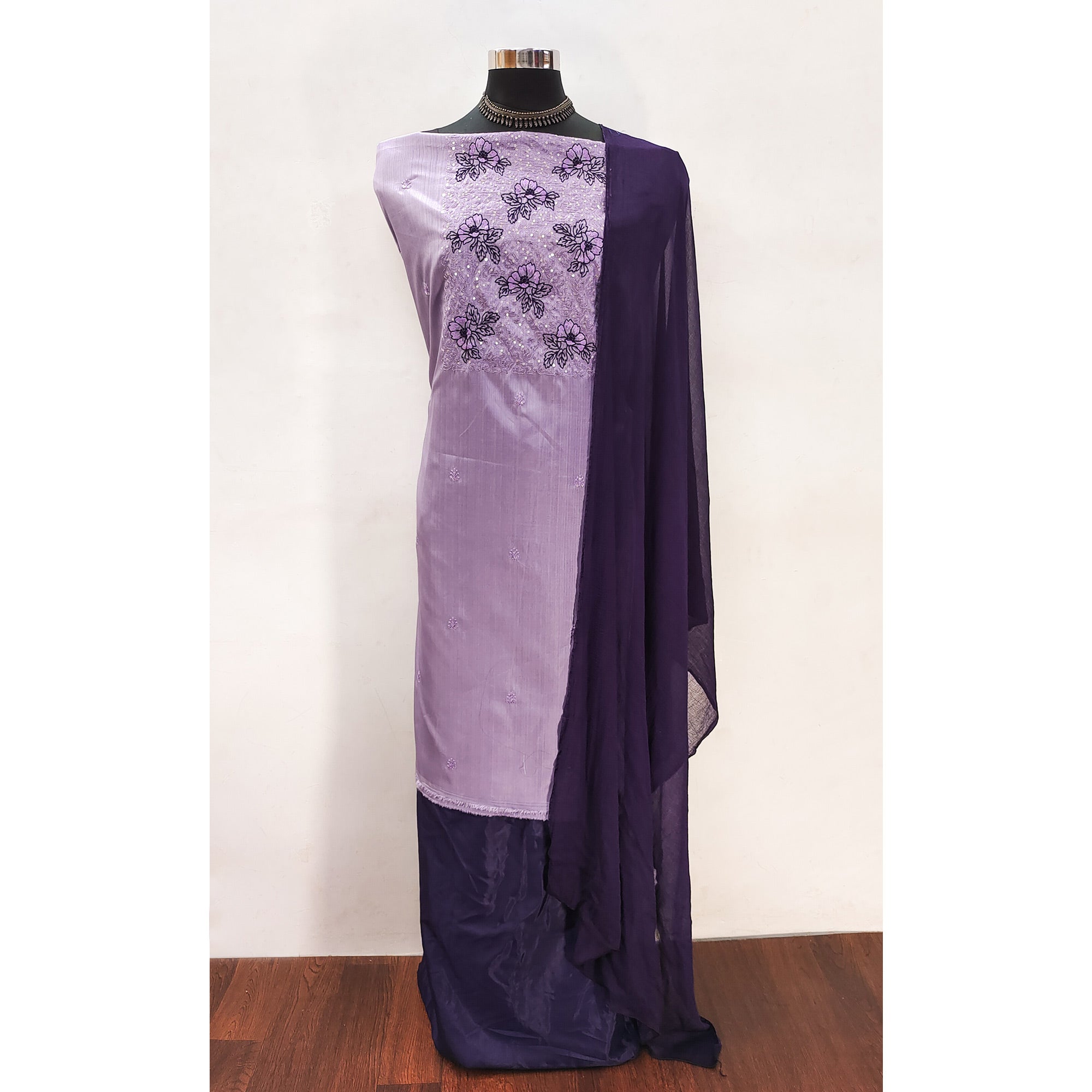 Light Purple Silk Blend Dress Material with Sequin Embroidery