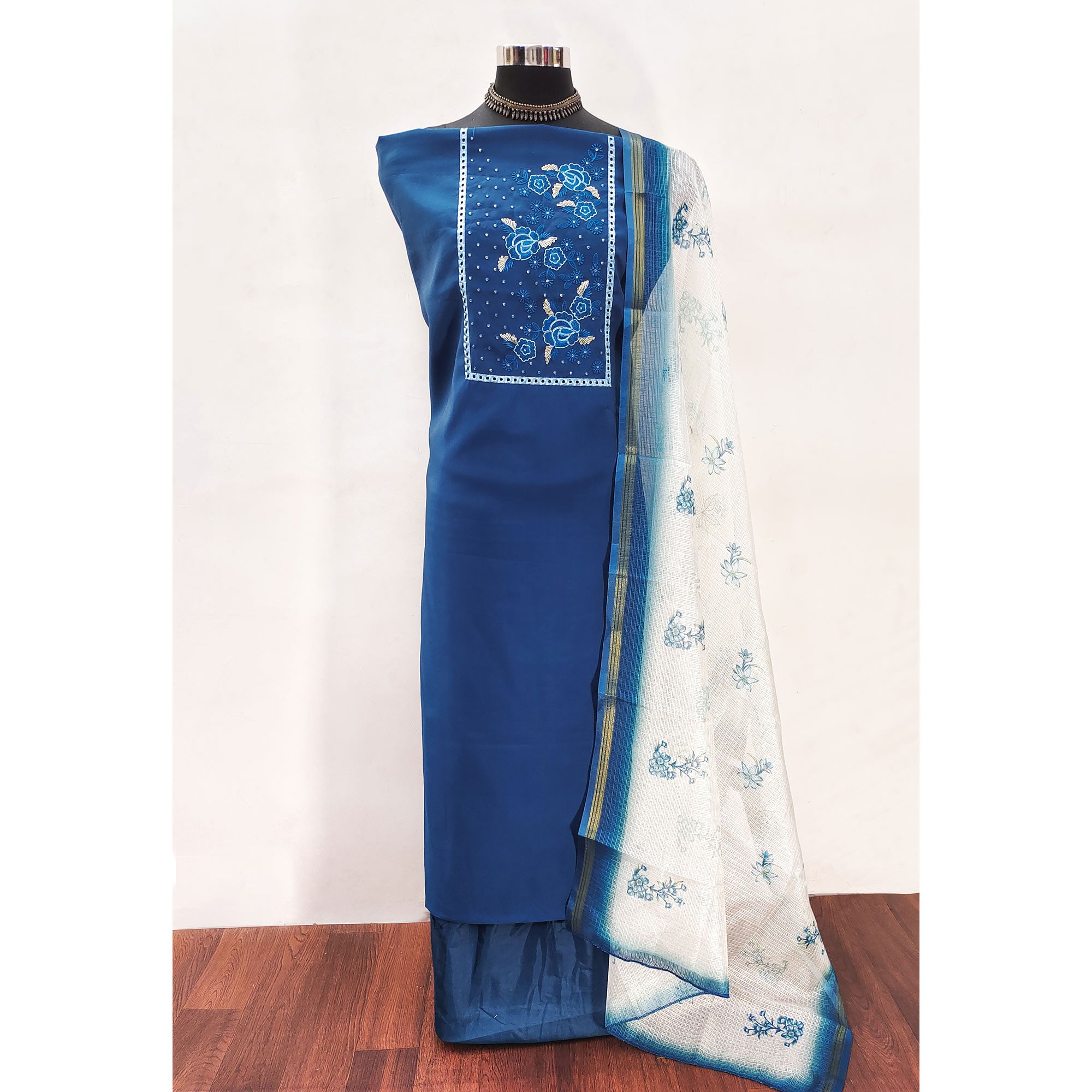 Blue Viscose Dress Material With Stunning Floral Sequin Embroidery