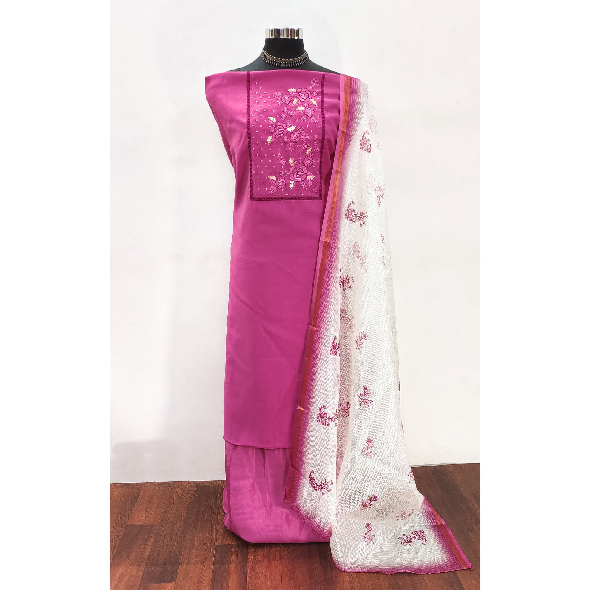 Pink Viscose Dress Material With Stunning Floral Sequin Embroidery