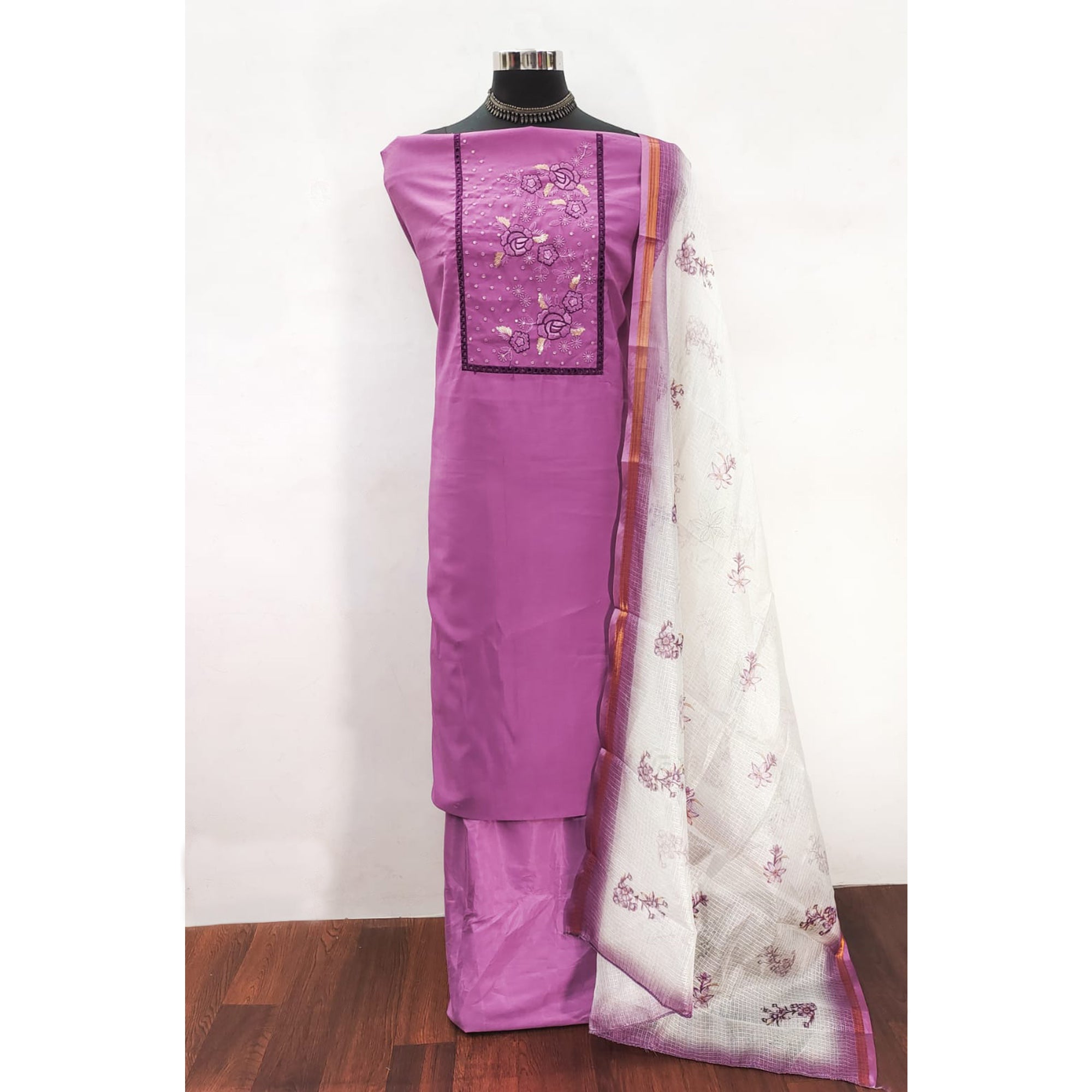 Purple Viscose Dress Material With Stunning Floral Sequin Embroidery