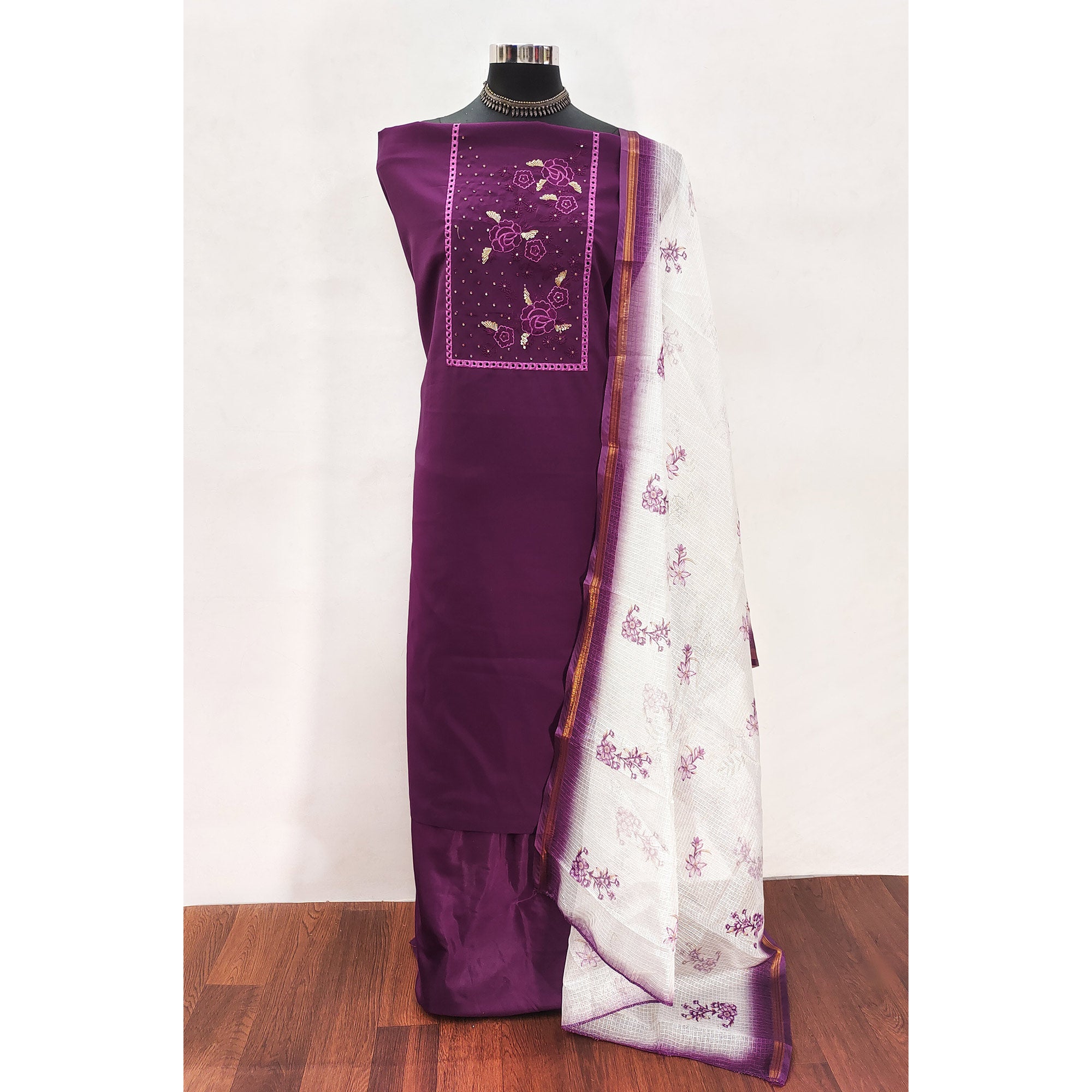 Wine Viscose Dress Material With Stunning Floral Sequin Embroidery