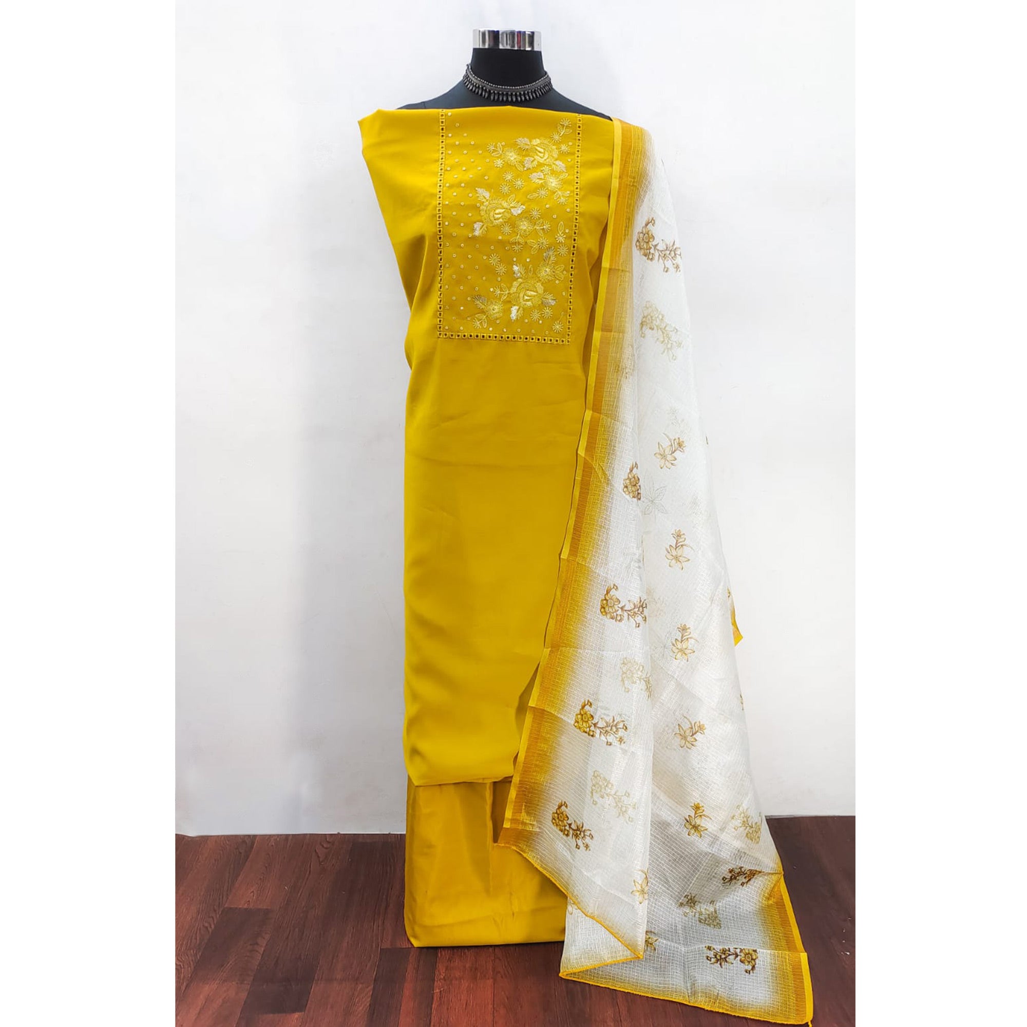 Yellow Viscose Dress Material With Stunning Floral Sequin Embroidery