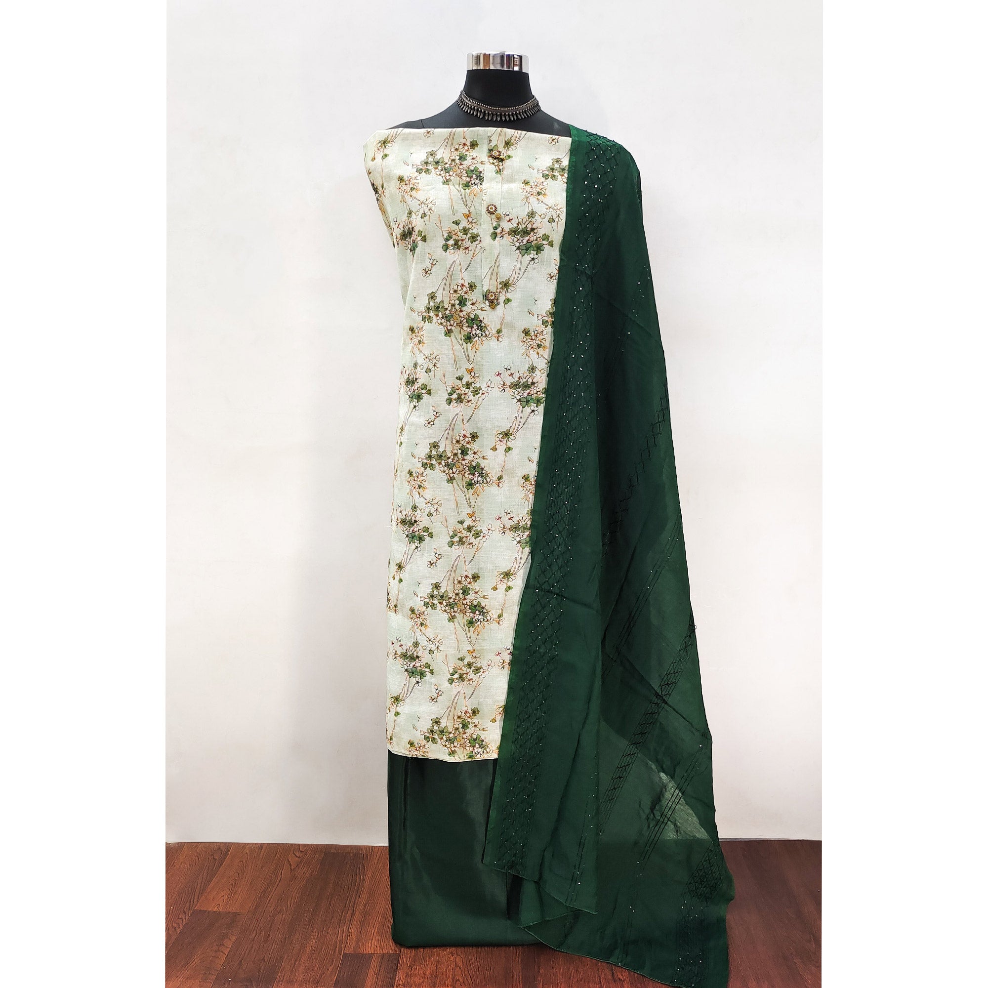 Light Green Delicate Floral Print Linen Fabric Dress Material
