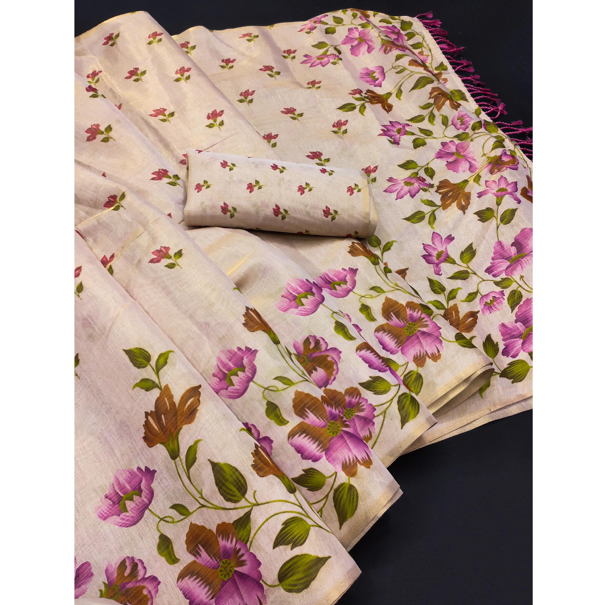 Chikoo Floral Art Silk Saree with Elegant Print