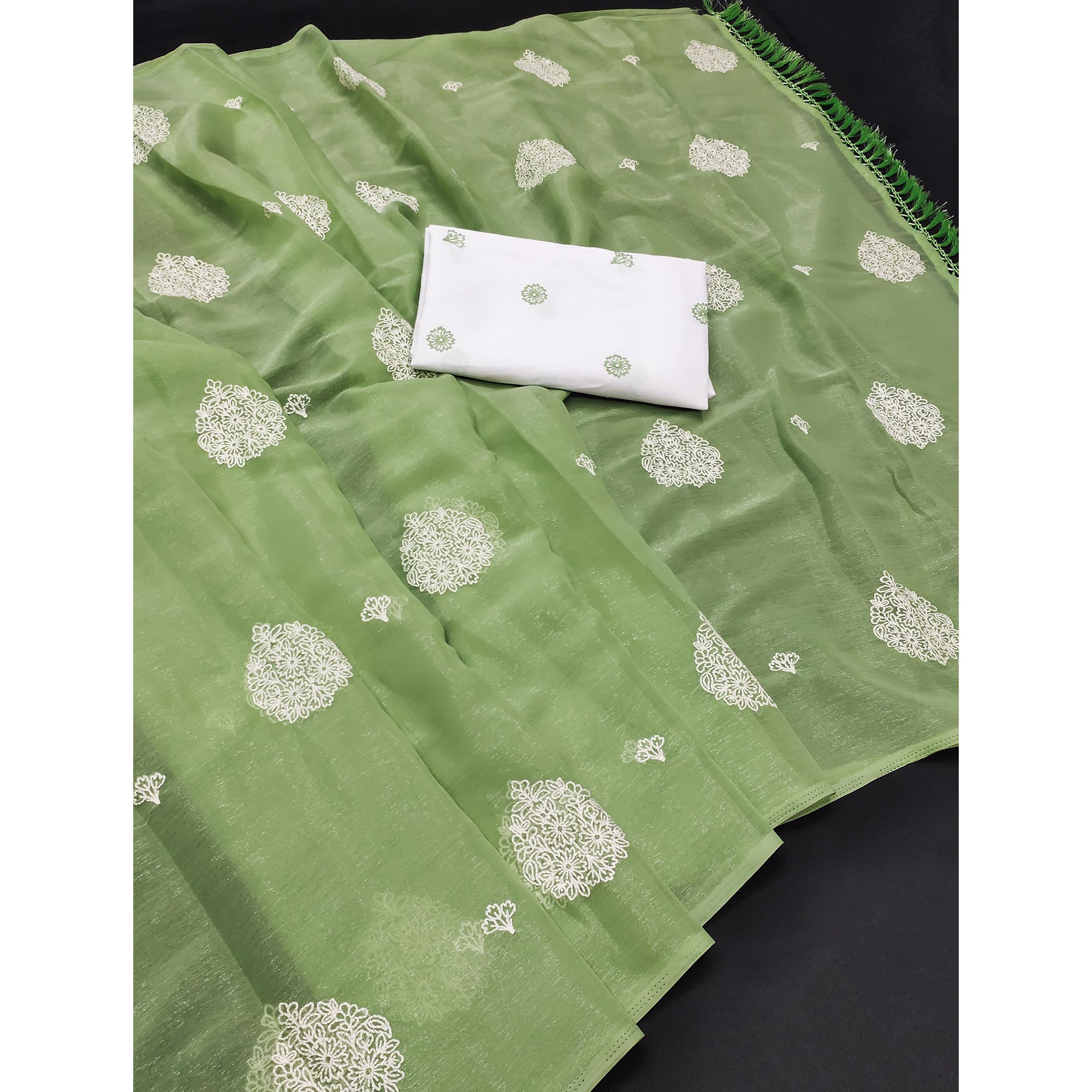 Green Embroidered Chiffon Saree With Elegant Tassel Borders