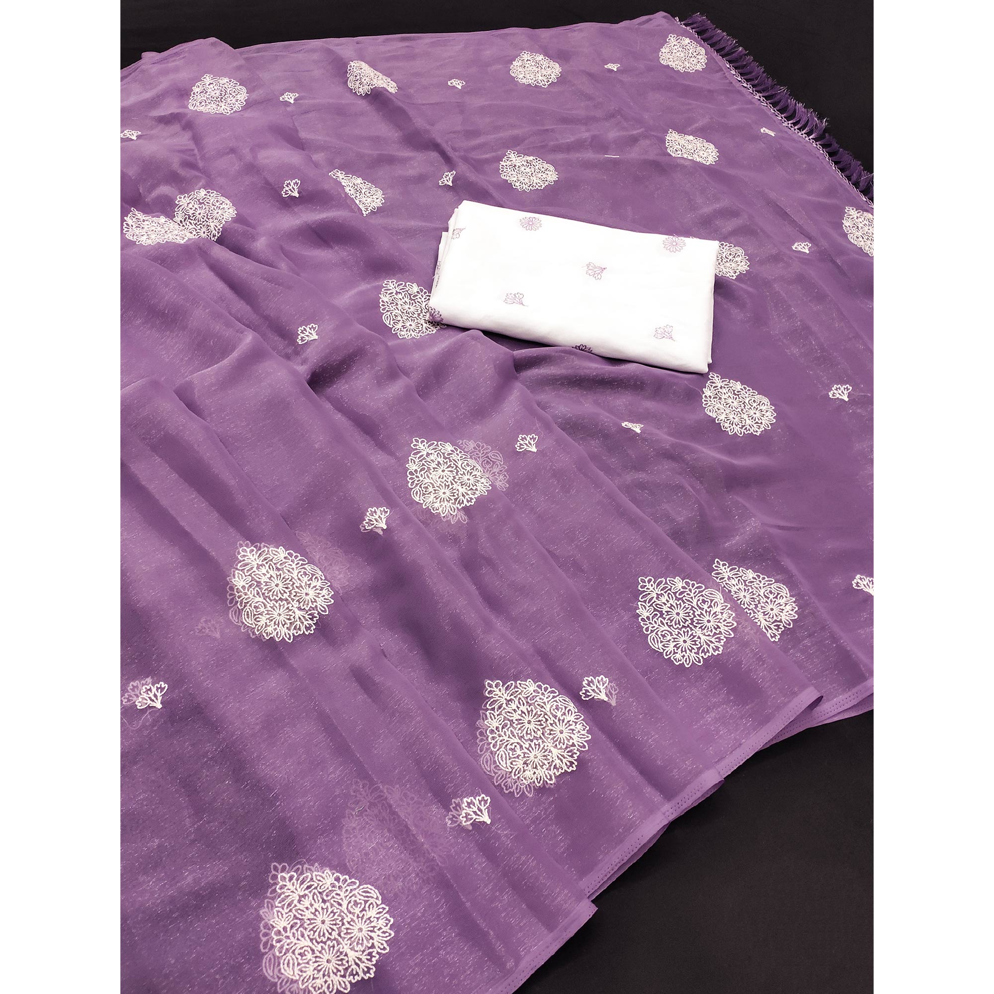Purple Embroidered Chiffon Saree With Elegant Tassel Borders