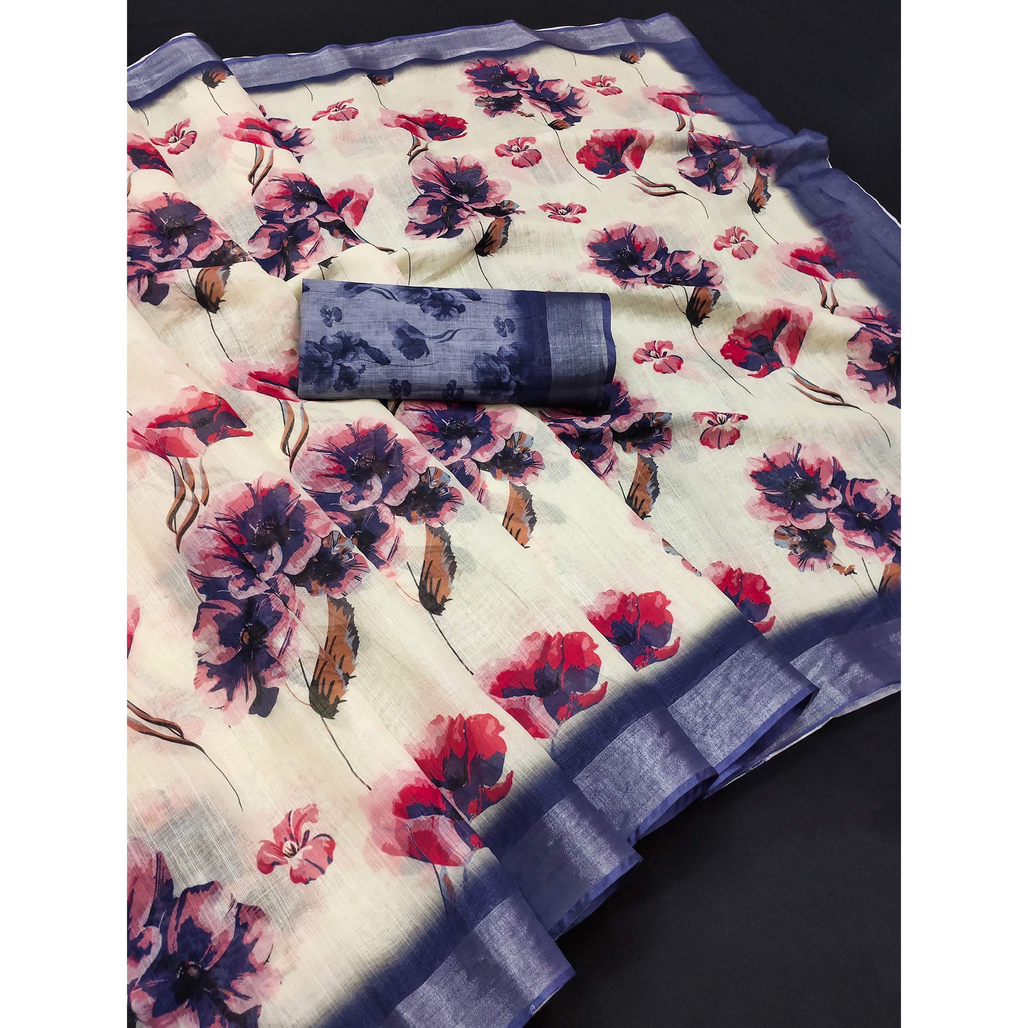 Cream Linen Printed Saree Adorned with Florals and Subtle Zari Trim