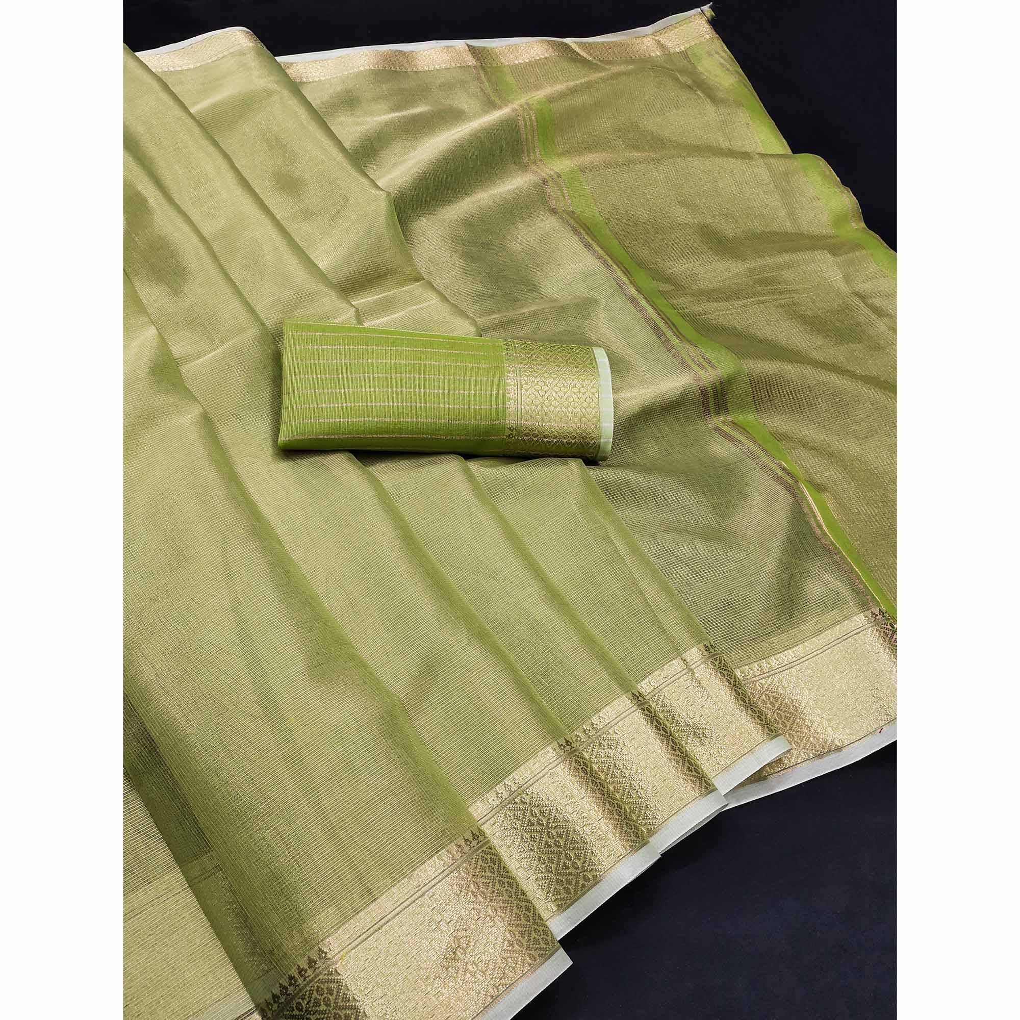 Subtle Solid Green Kota Doria Saree with Traditional Zari Weaving Edging