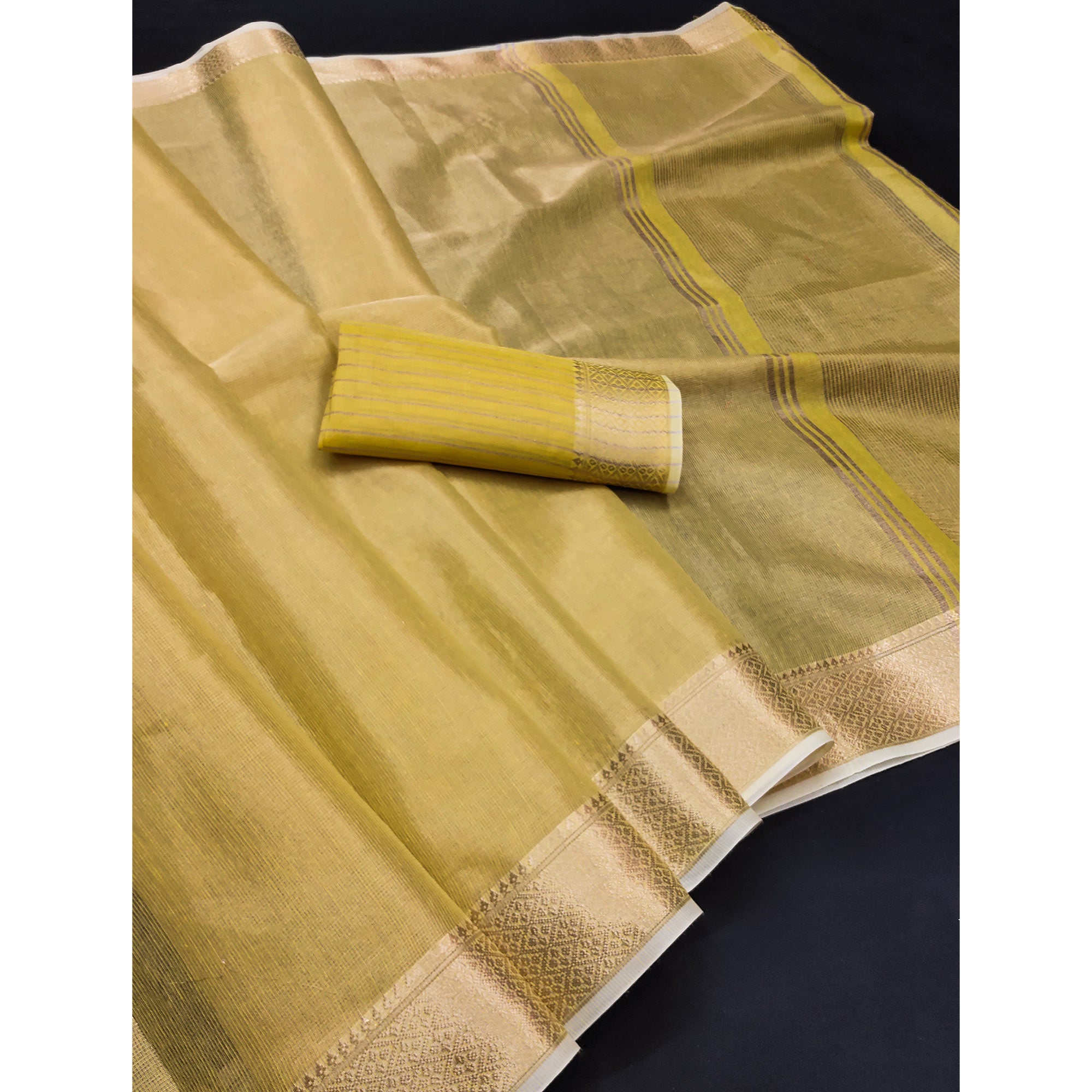 Subtle Solid Yellow Kota Doria Saree with Traditional Zari Weaving Edging