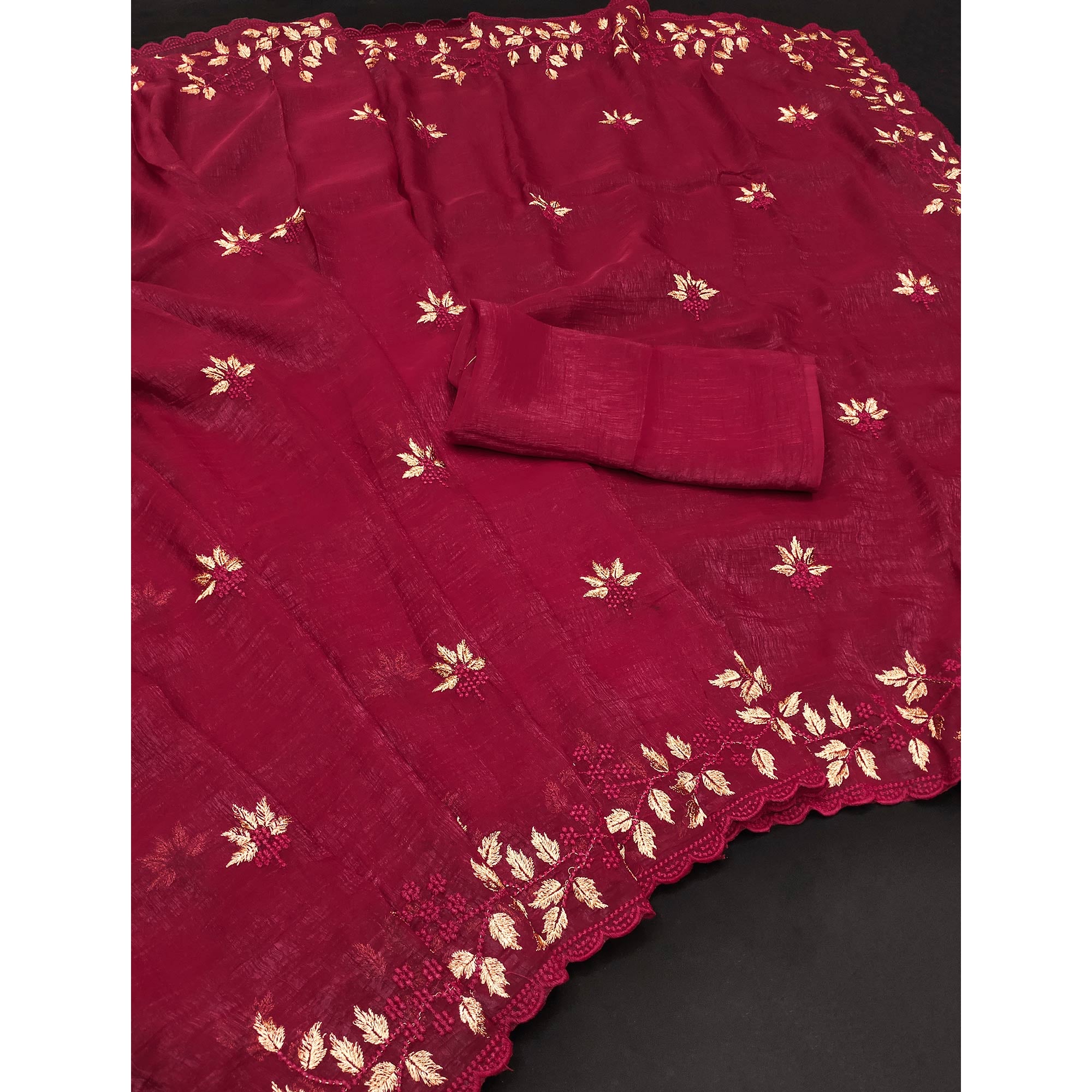 Dark Pink Sheer Organza Saree Adorned with Floral Embroidery