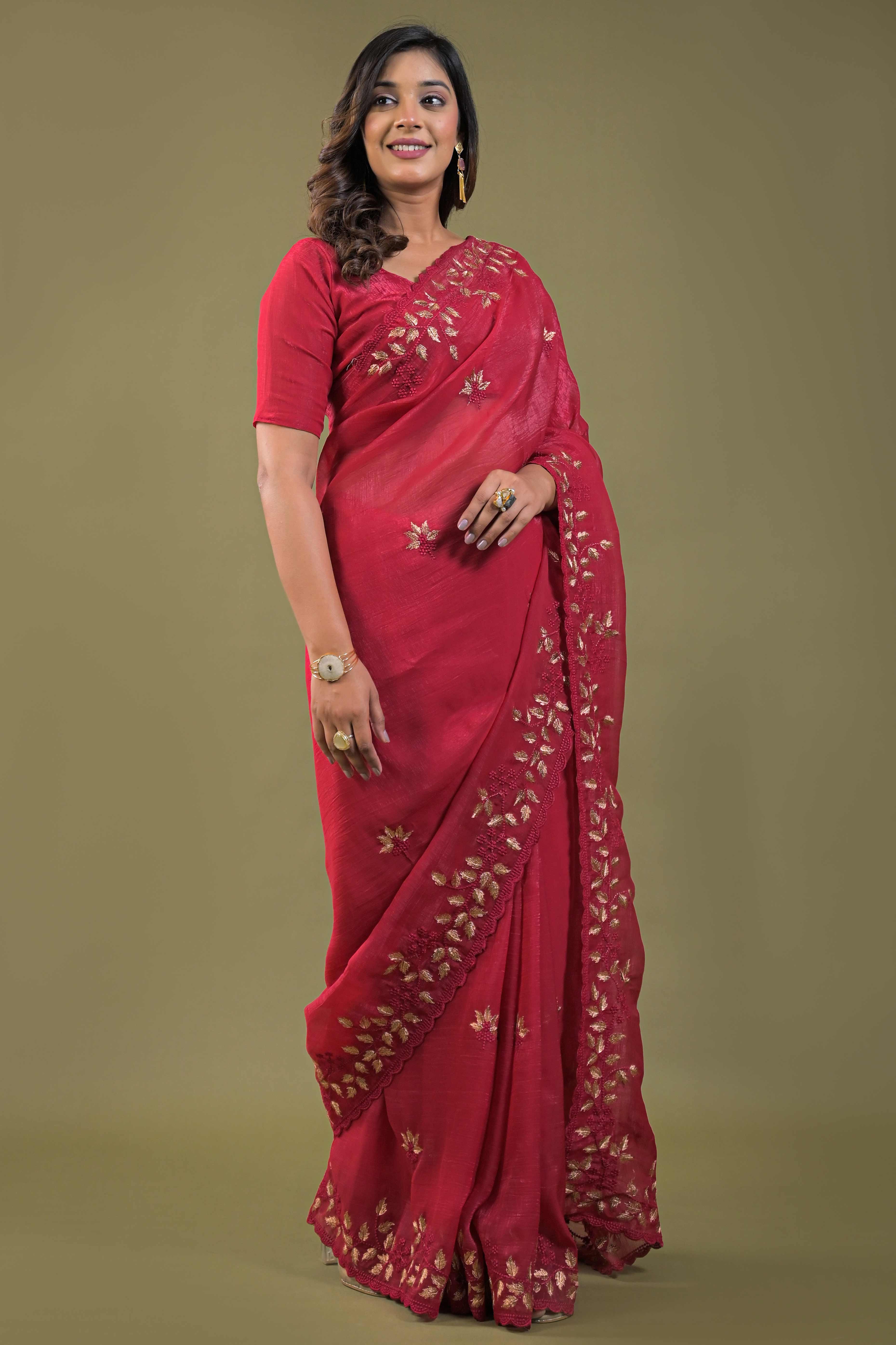 Dark Pink Sheer Organza Saree Adorned with Floral Embroidery