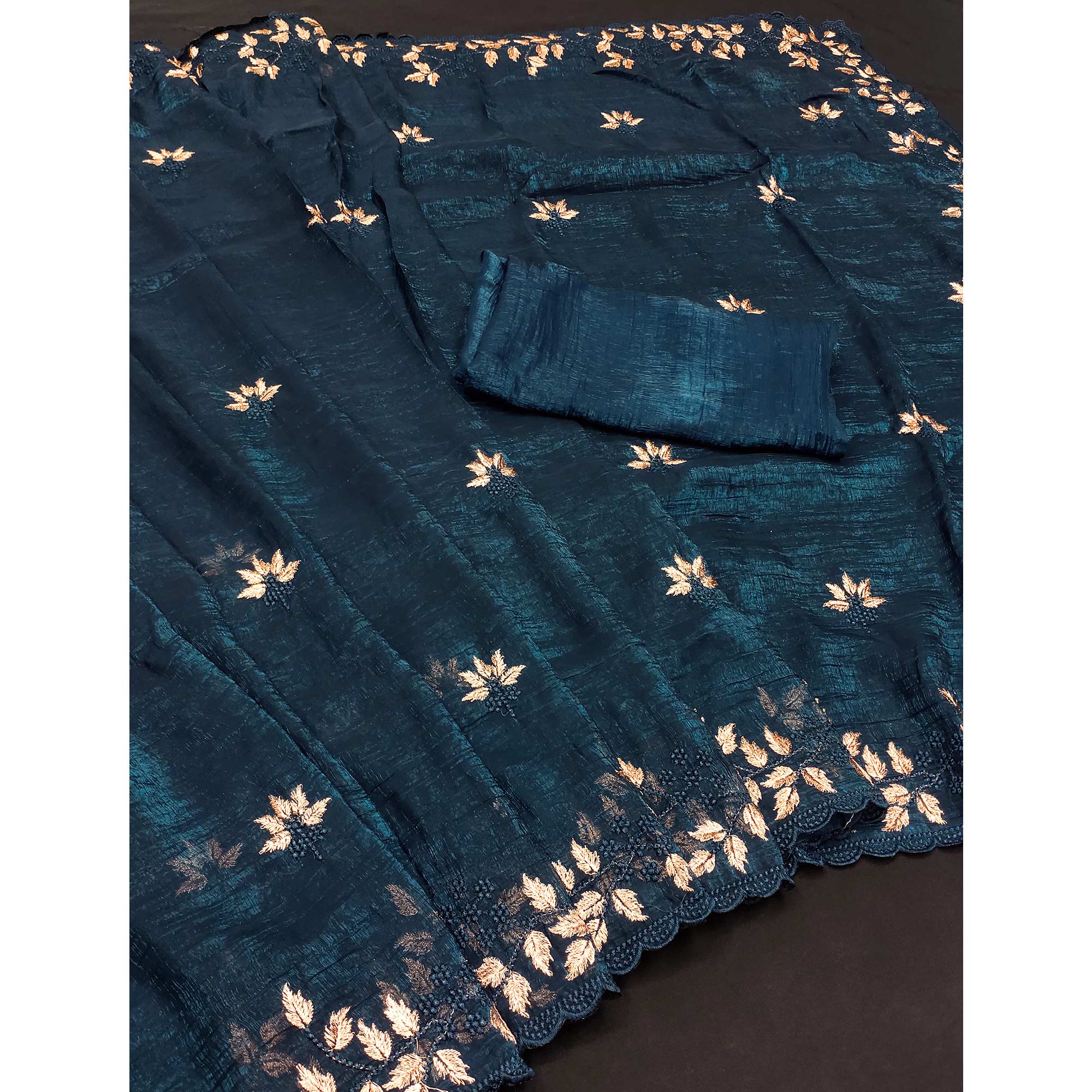 Dark Teal Sheer Organza Saree Adorned with Floral Embroidery