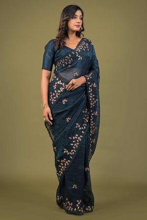 Dark Teal Sheer Organza Saree Adorned with Floral Embroidery