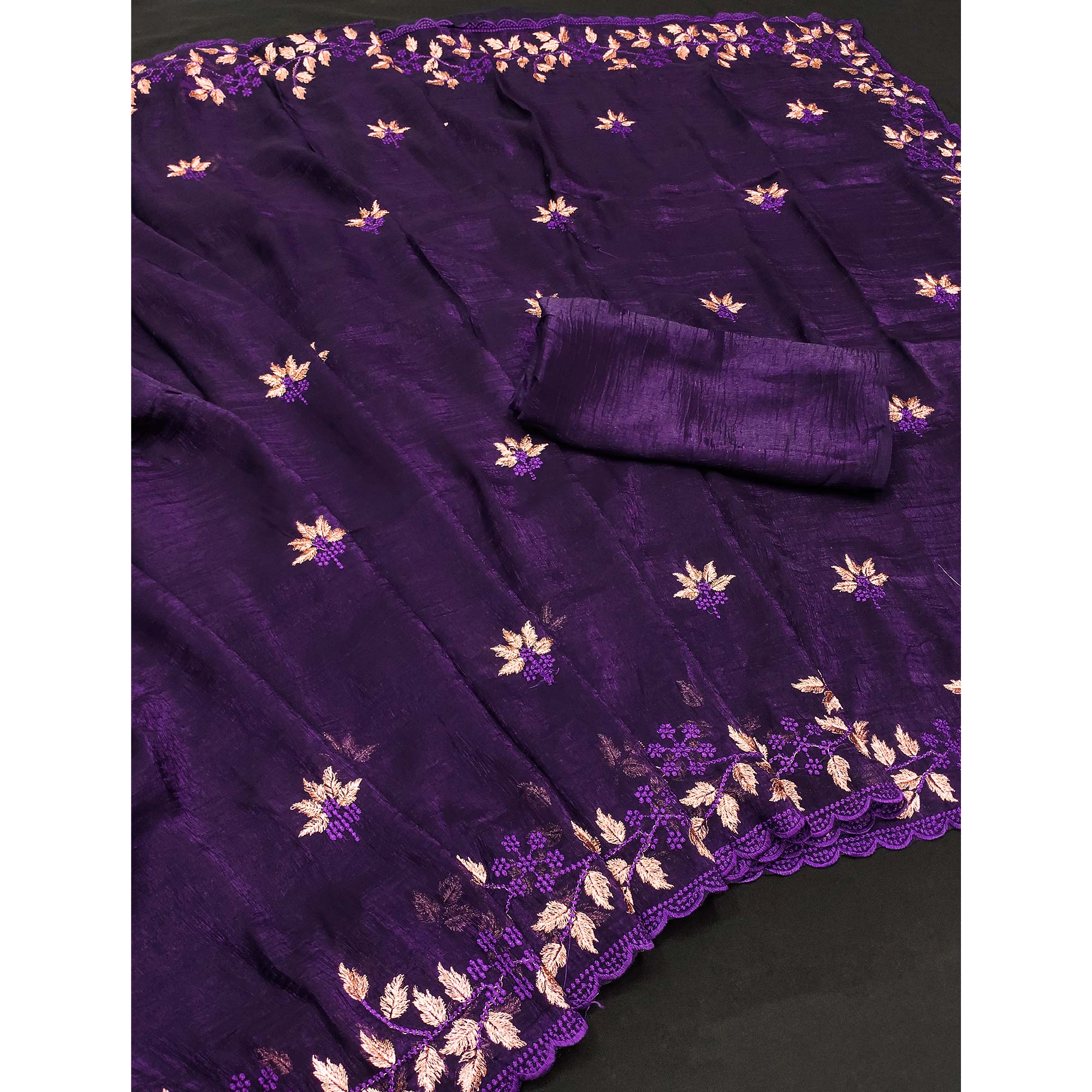 Dark Purple Sheer Organza Saree Adorned with Floral Embroidery