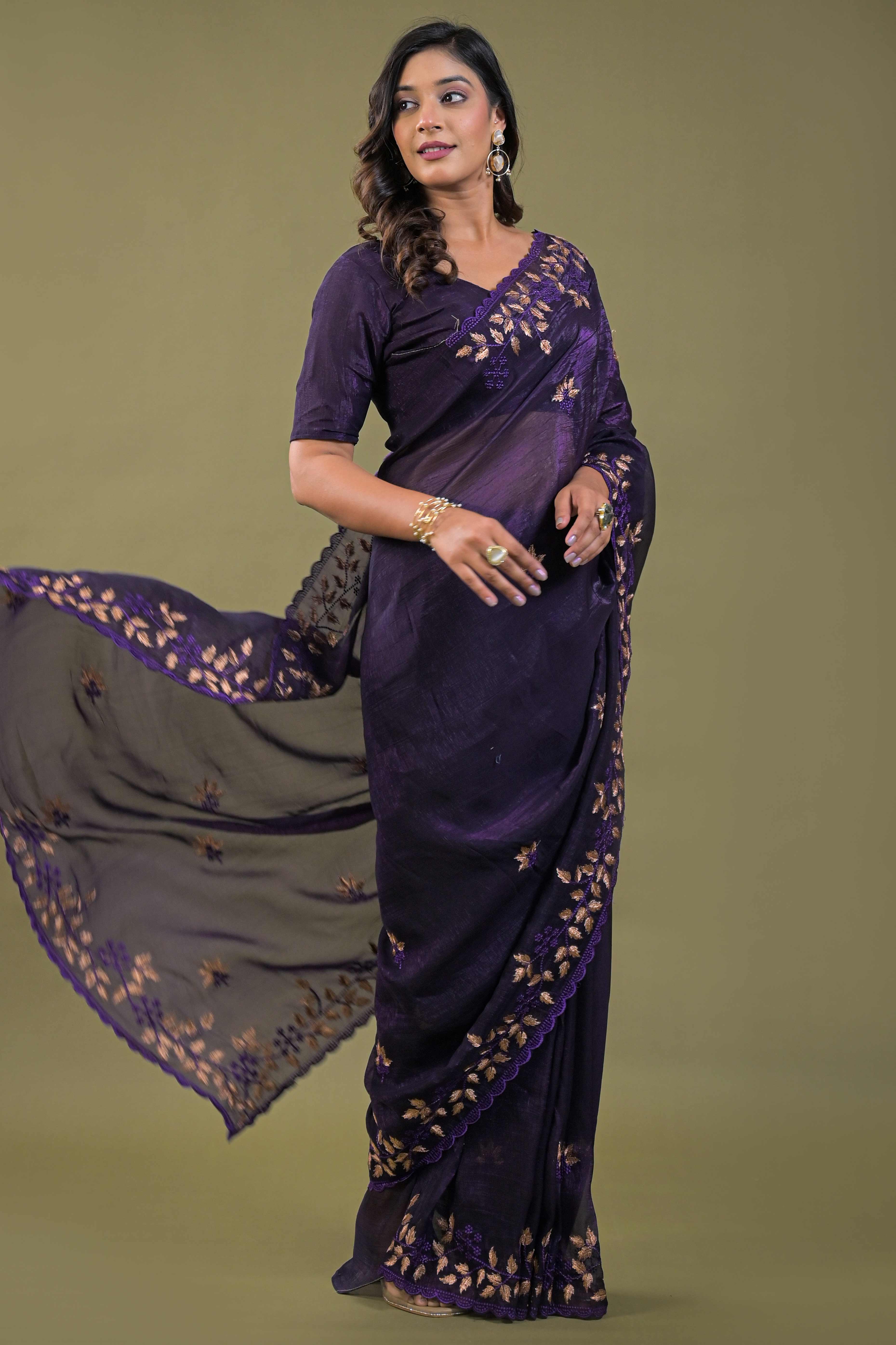 Dark Purple Sheer Organza Saree Adorned with Floral Embroidery