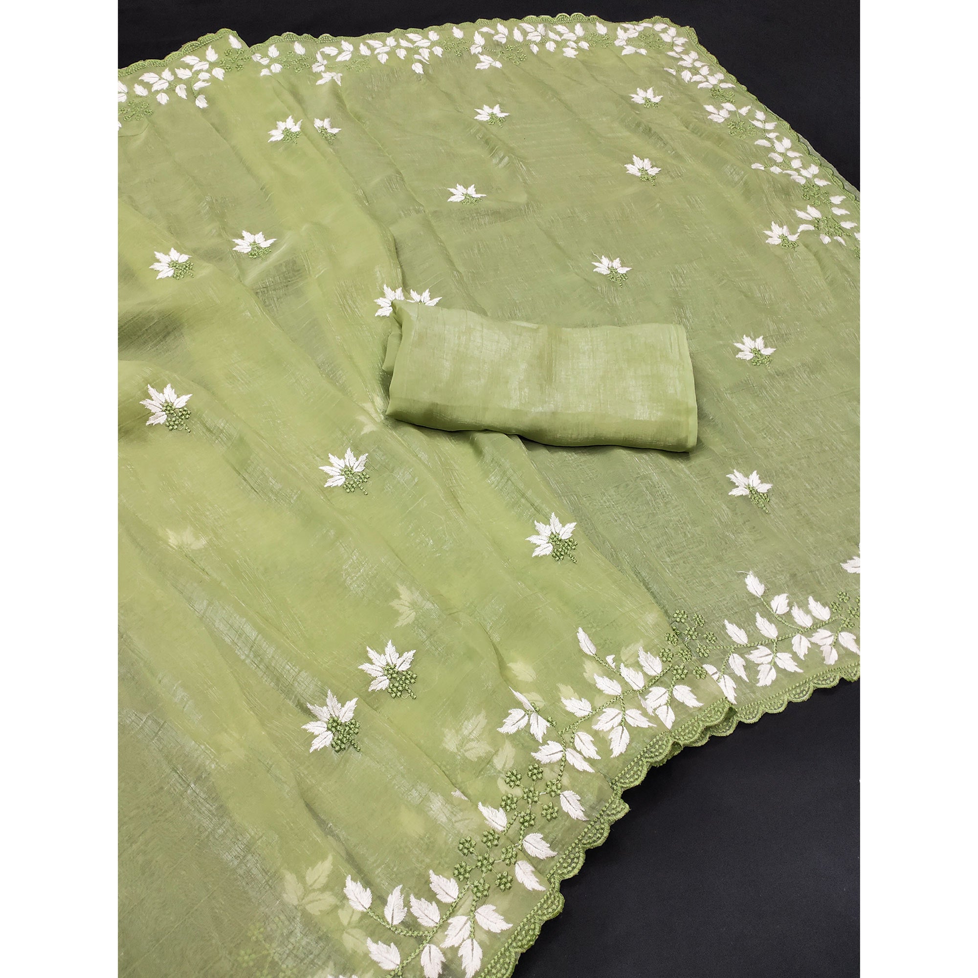 Chic Green Organza Saree Featuring Fine Floral Embroidery