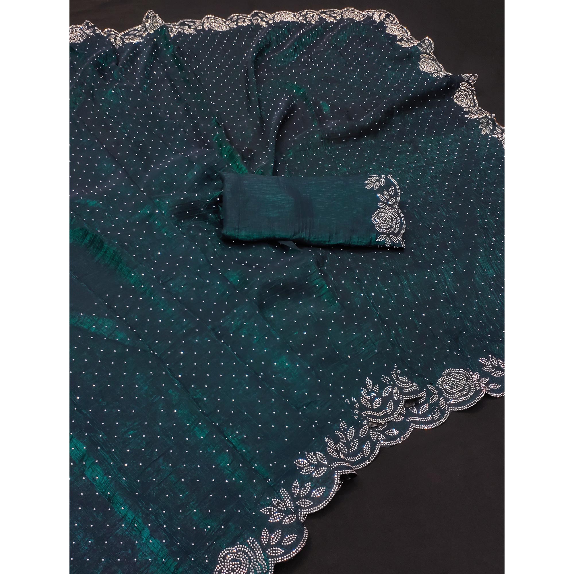 Morpich Green Embellished Organza Saree with Shimmering Stone Details