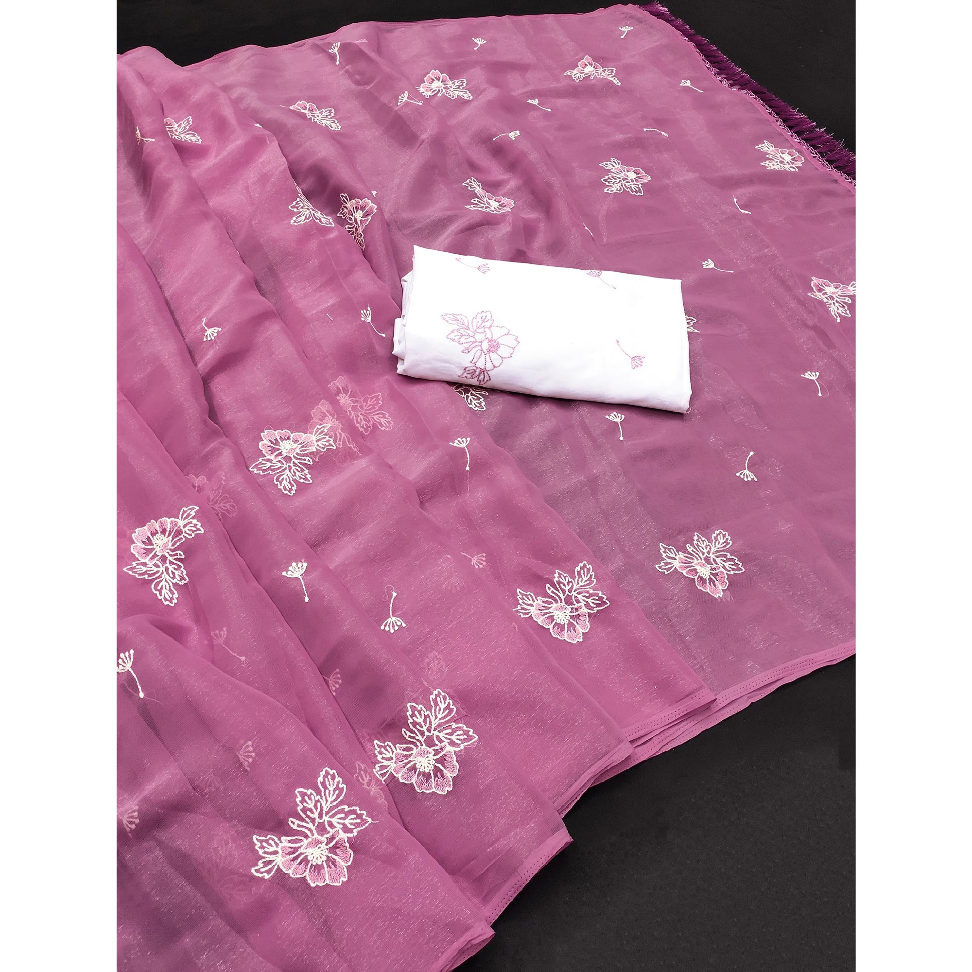 Designer Pink Chiffon Saree with Intricate Floral Embroidery