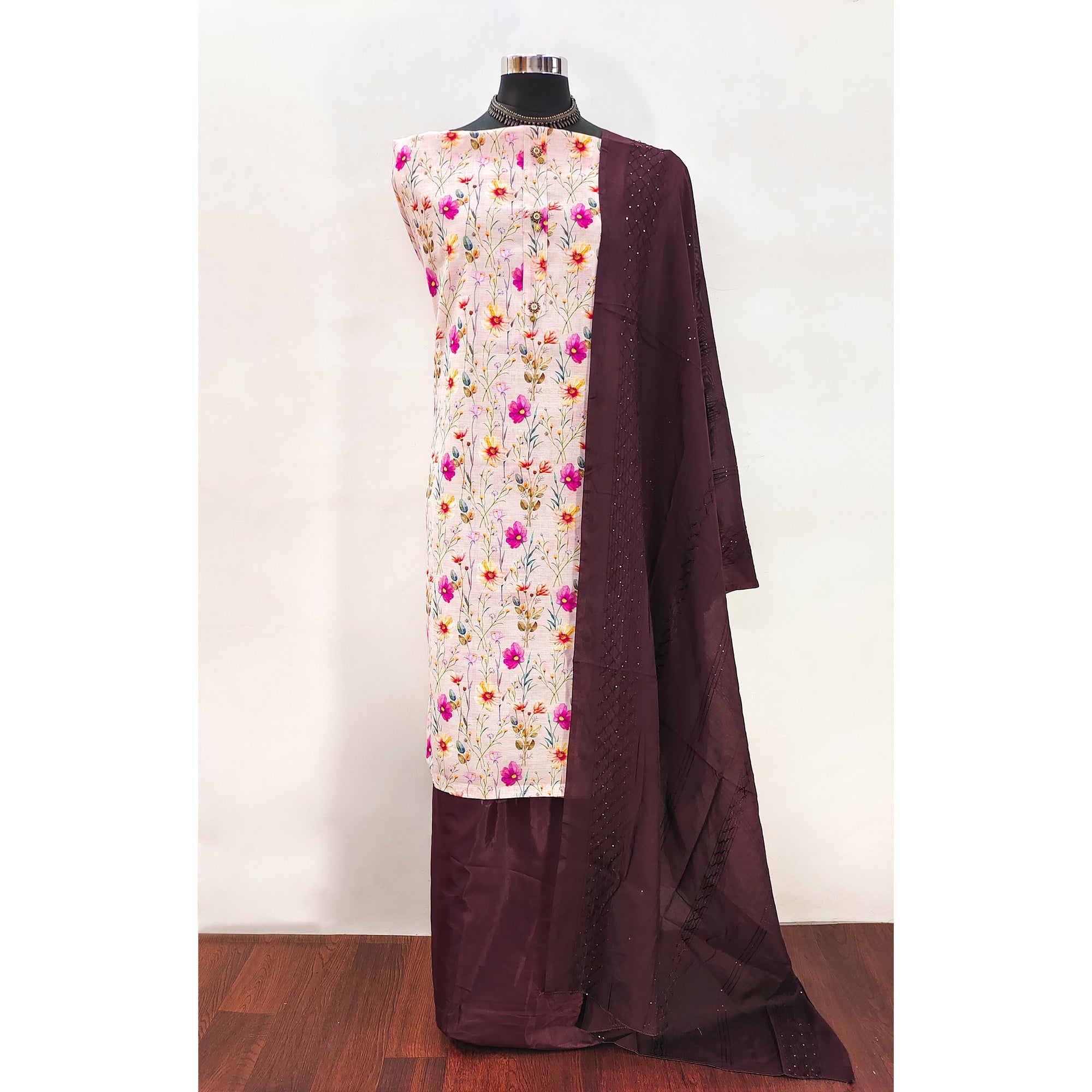 Brownish Maroon Linen Fabric with Serene Floral Patterns for Casual Looks