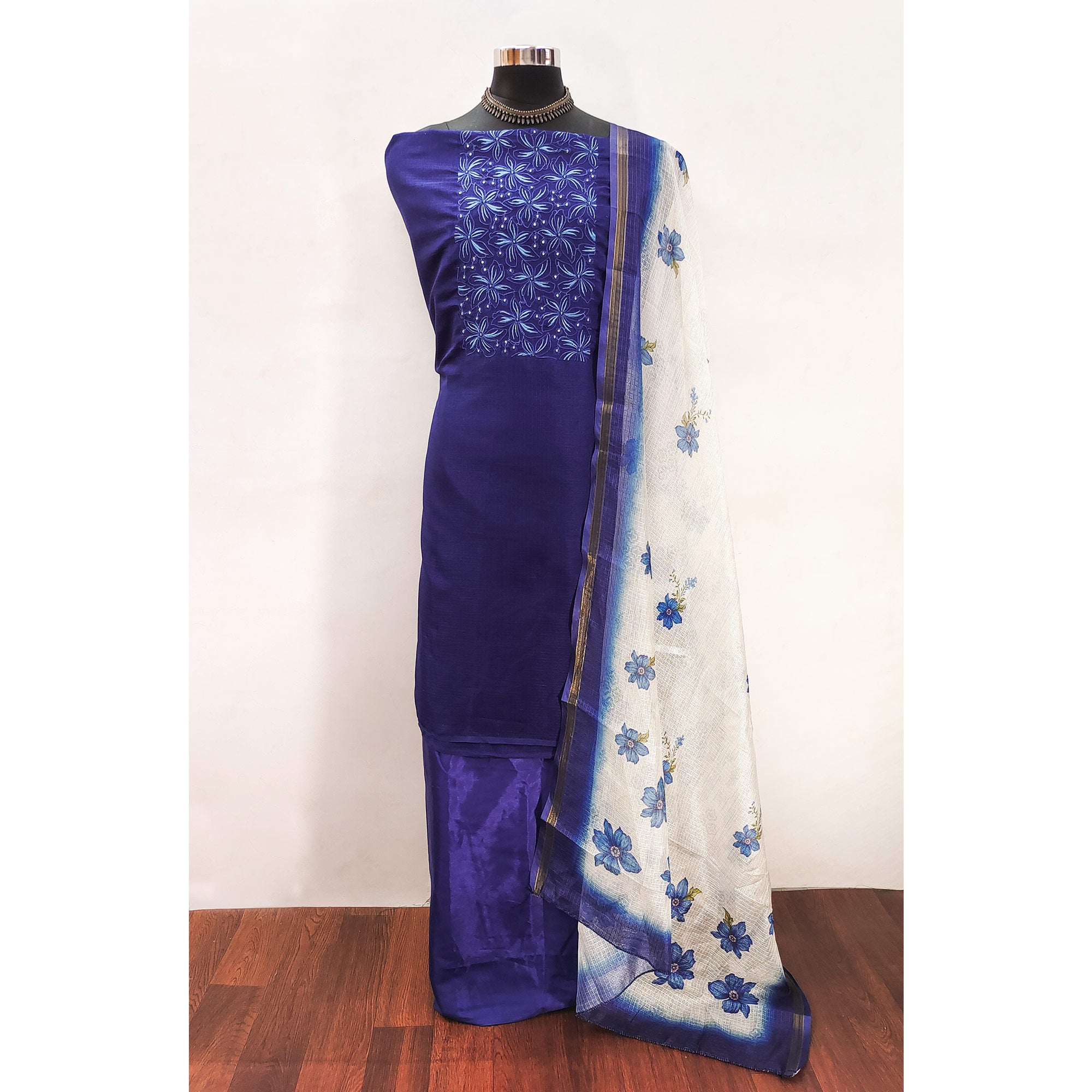 Blue Unstitched Suit Material in Kota Doria with Floral Threadwork