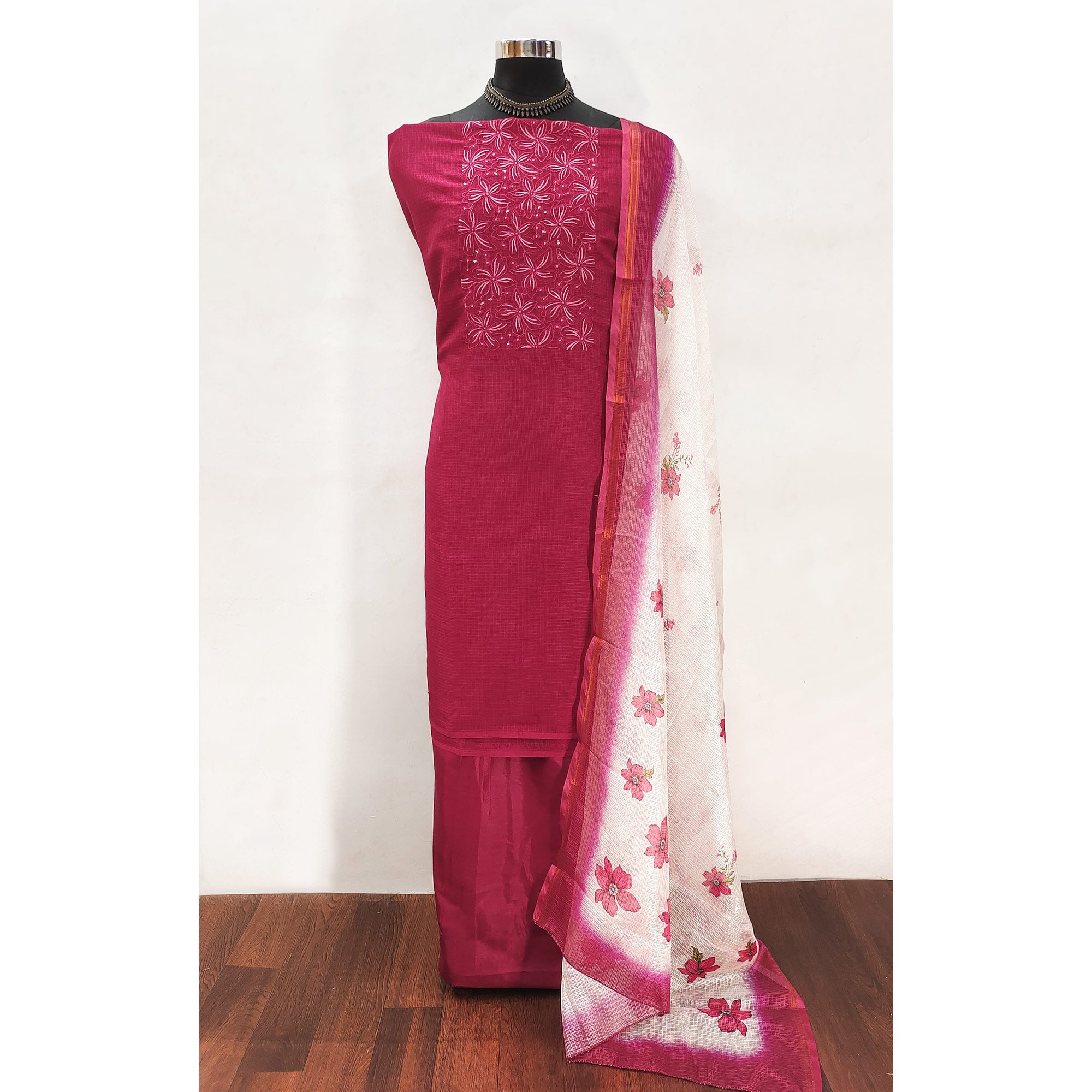 Pink Unstitched Suit Material in Kota Doria with Floral Threadwork