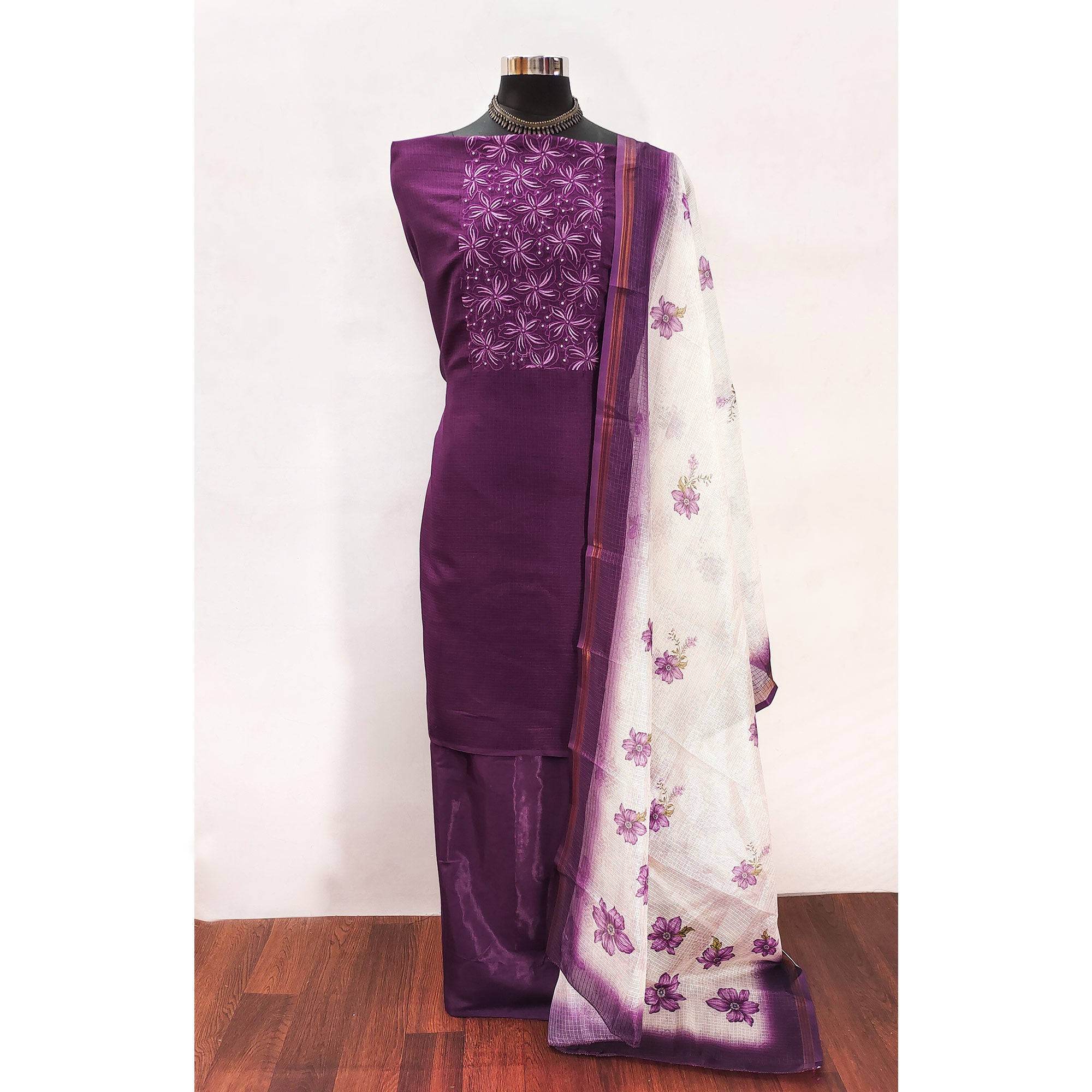 Purple Unstitched Suit Material in Kota Doria with Floral Threadwork