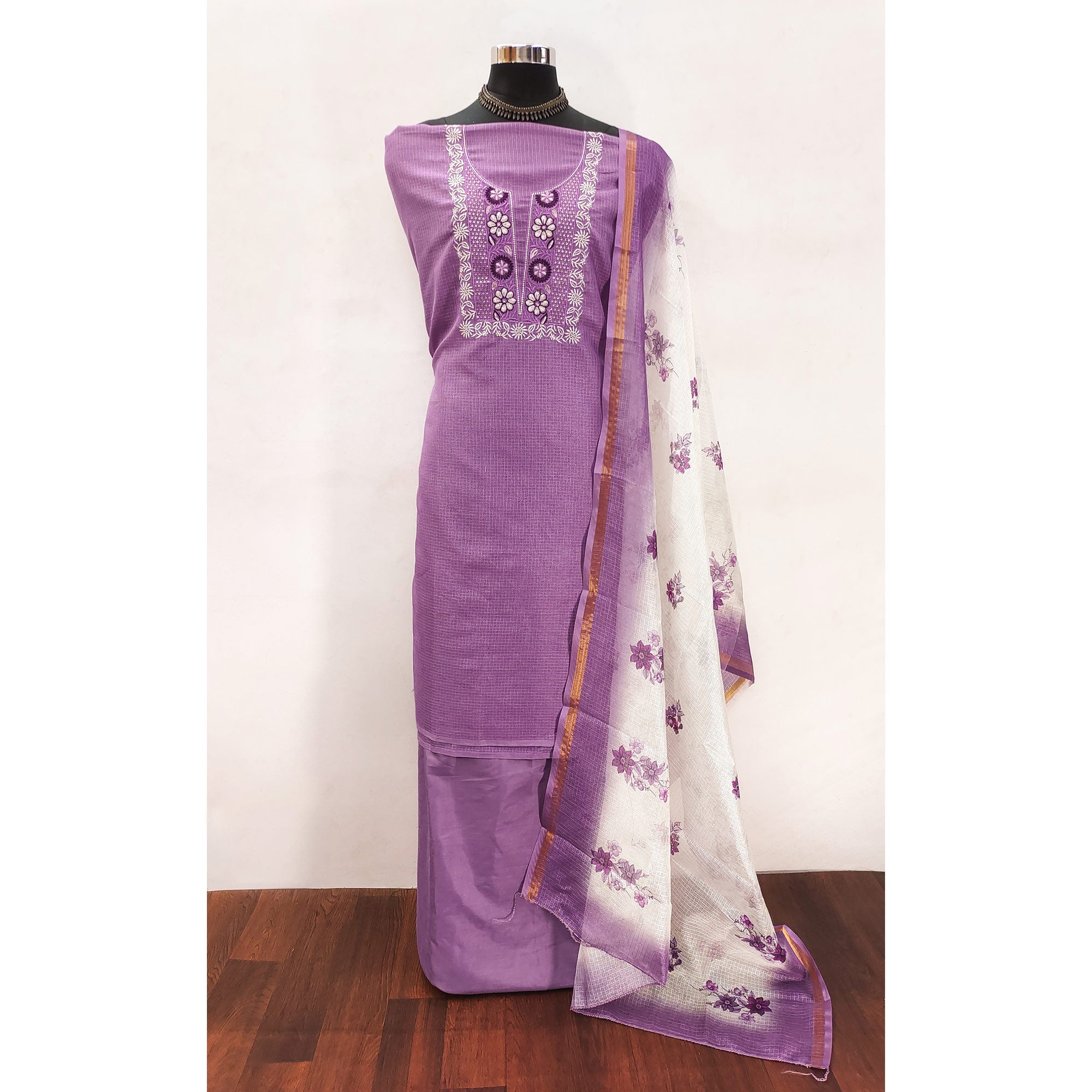 Purple Kota Doria Fabric with Beautifully Embroidered Floral Designs