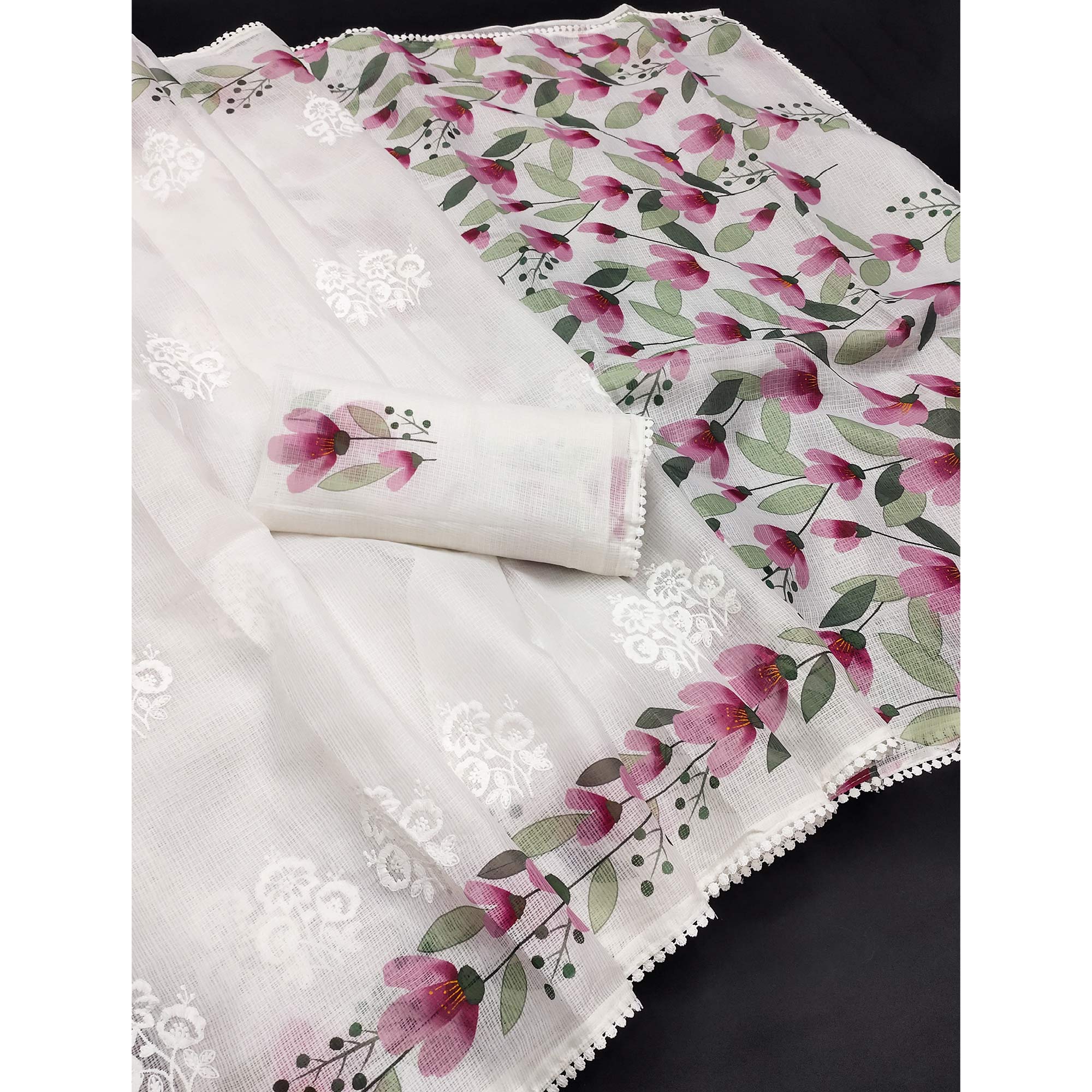 White Saree in Sheer Kota Doria Fabric with Floral Patterns and Intricate Embroidery