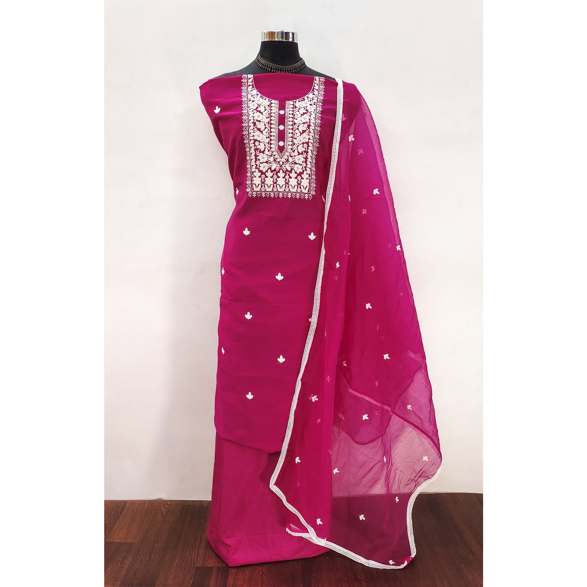 Soft Viscose Fabric in Pink with Delicate Floral Work