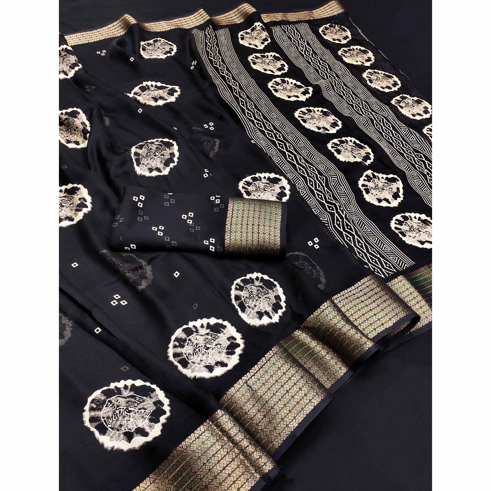 Designer Black Satin Saree with Abstract Art Print & Elegant Border Weave